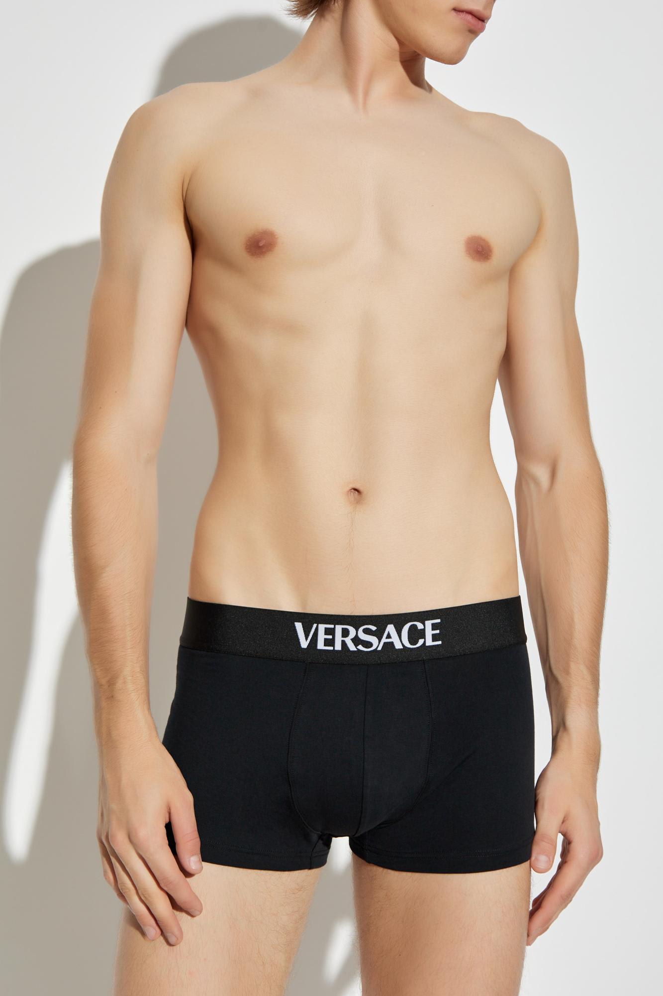 Versace Essential Logo Stretch Cotton Boxer Briefs In Black