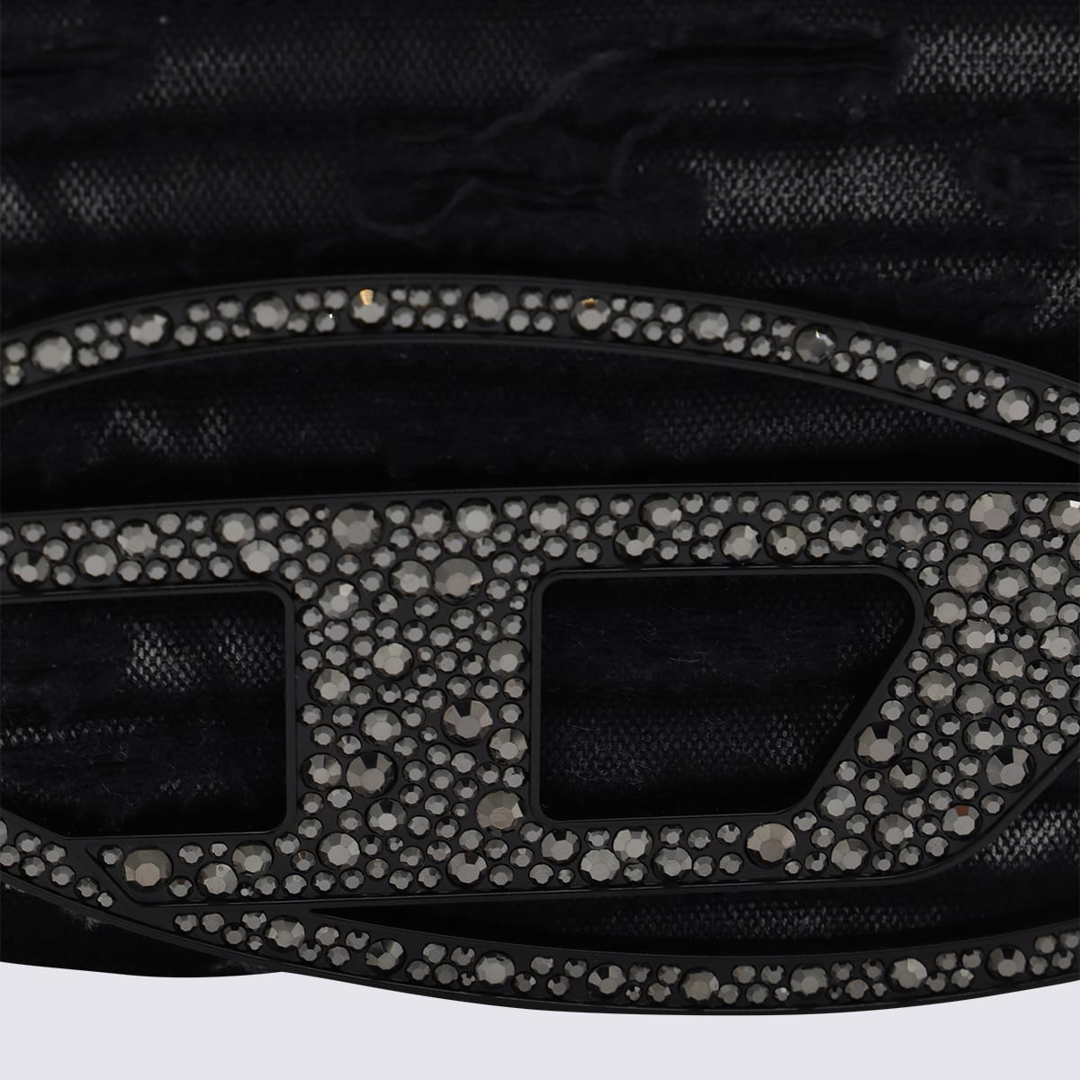 Diesel 1dr Black Shoulder Bag With Oval D Plaque With Rhinestones And Fringed Edges In Cotton And Leather B