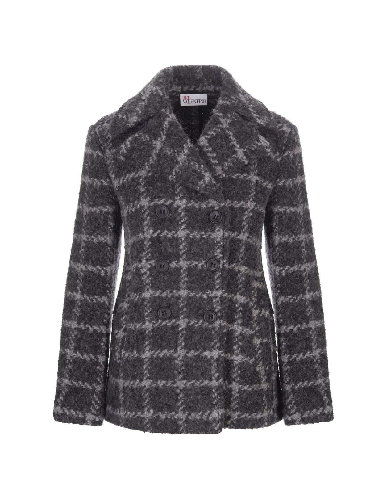 RED Valentino Woman Short Double-breasted Coat In Grey Check Wool