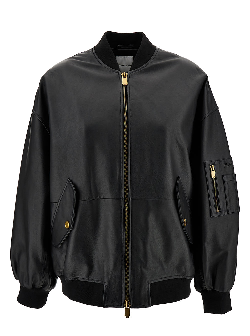 PINKO MONTEROSI BLACK BOMBER JACKET WITH ZIP IN SMOOTH LEATHER WOMAN