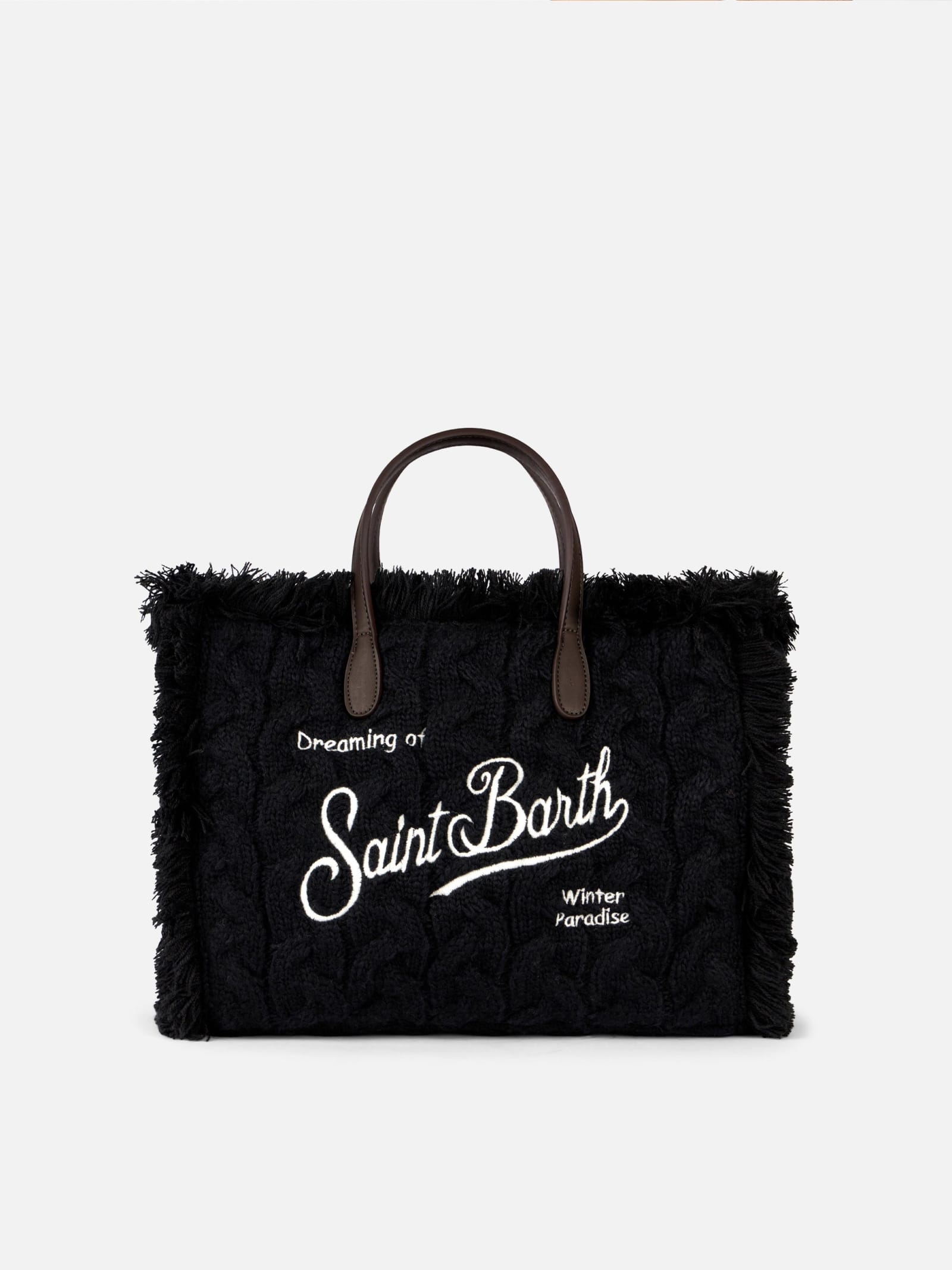 Mc2 Saint Barth Braid Tricot Black Colette Handbag With Fringes In Black