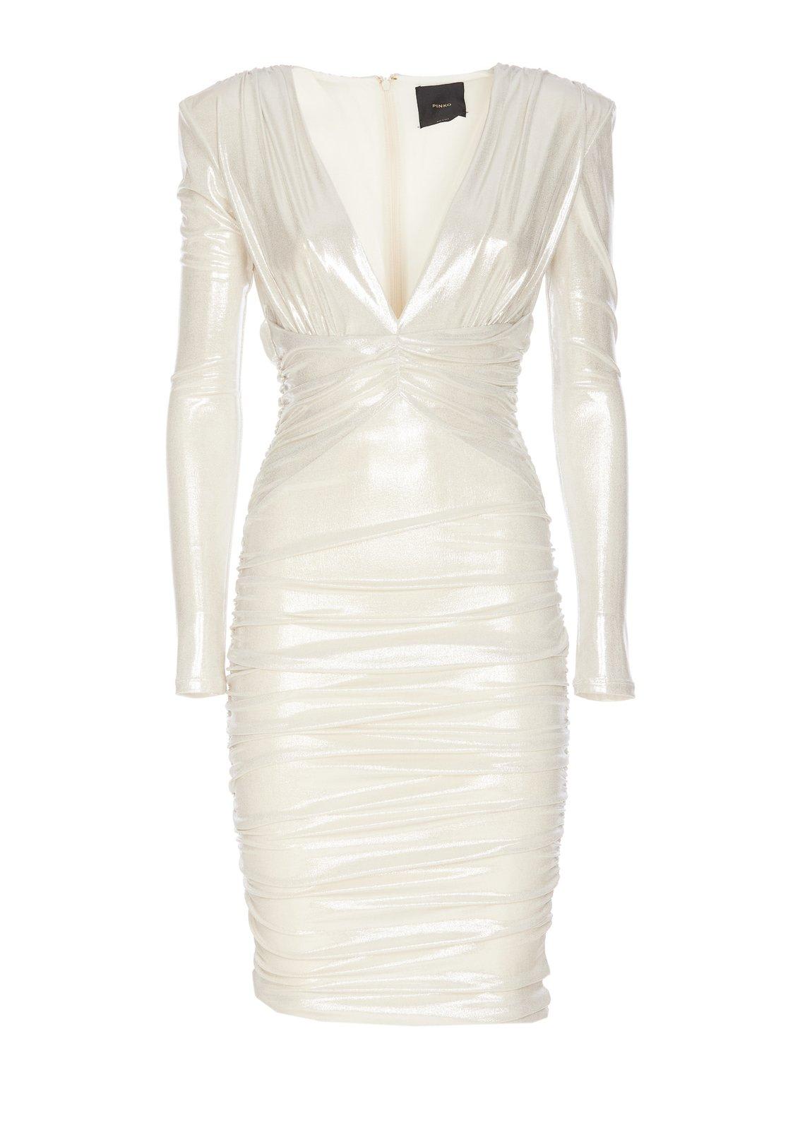 Shop Pinko Asymmetric-hem Gathered Metallic Midi Dress In White