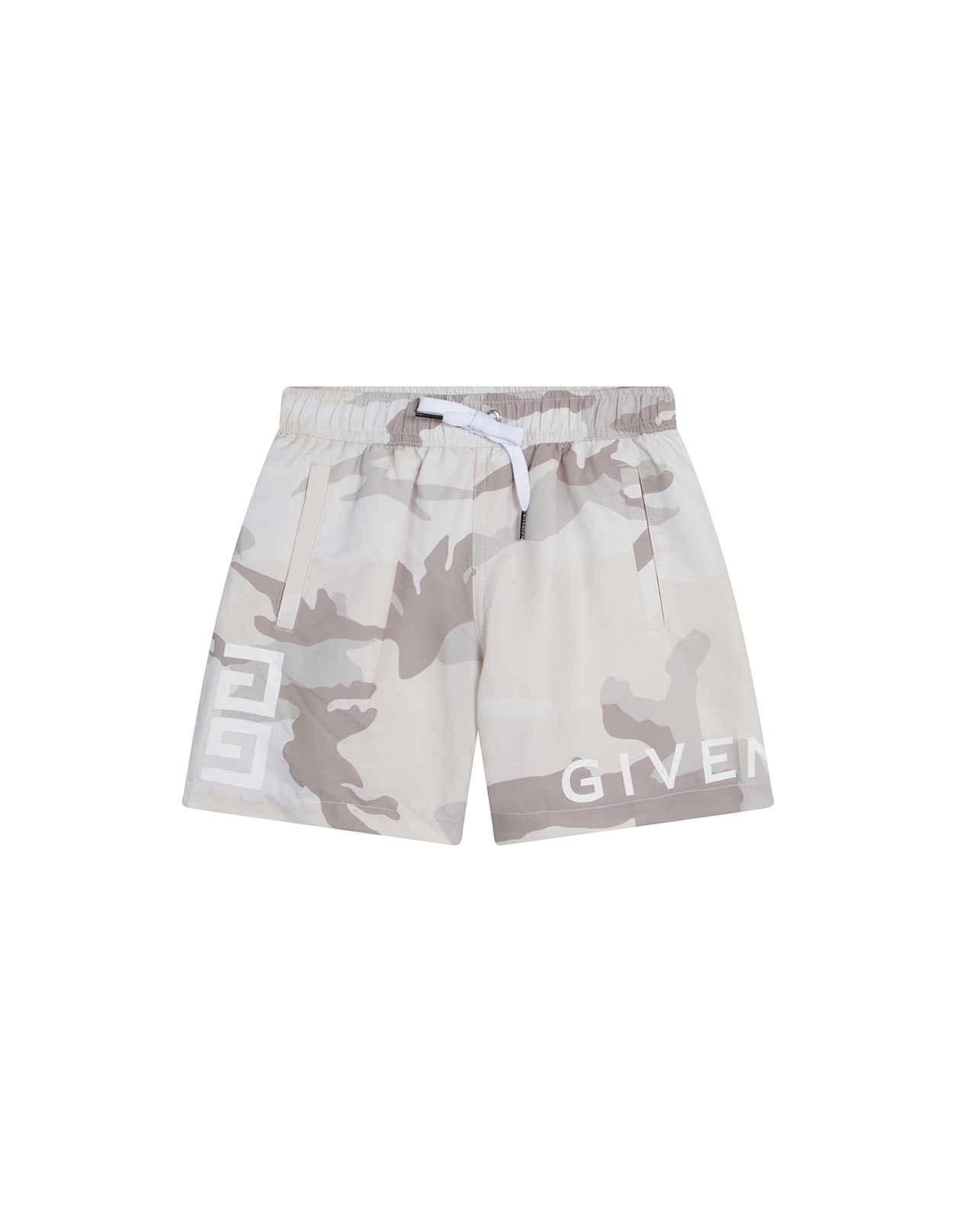 GIVENCHY BEIGE CAMOUFLAGE SWIM SHORTS WITH LETTERING AND 4G LOGO