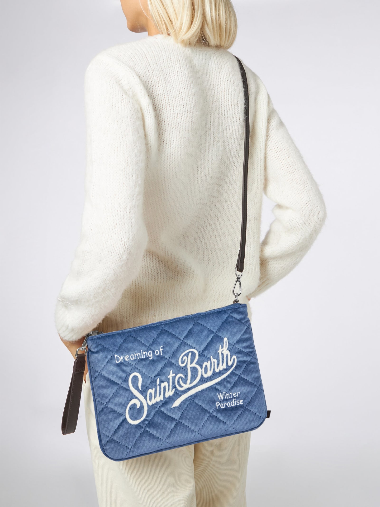 Mc2 Saint Barth Velvet Quilt Light Blue Parisienne Sherpa Cross-body Pouch Bag In Sky
