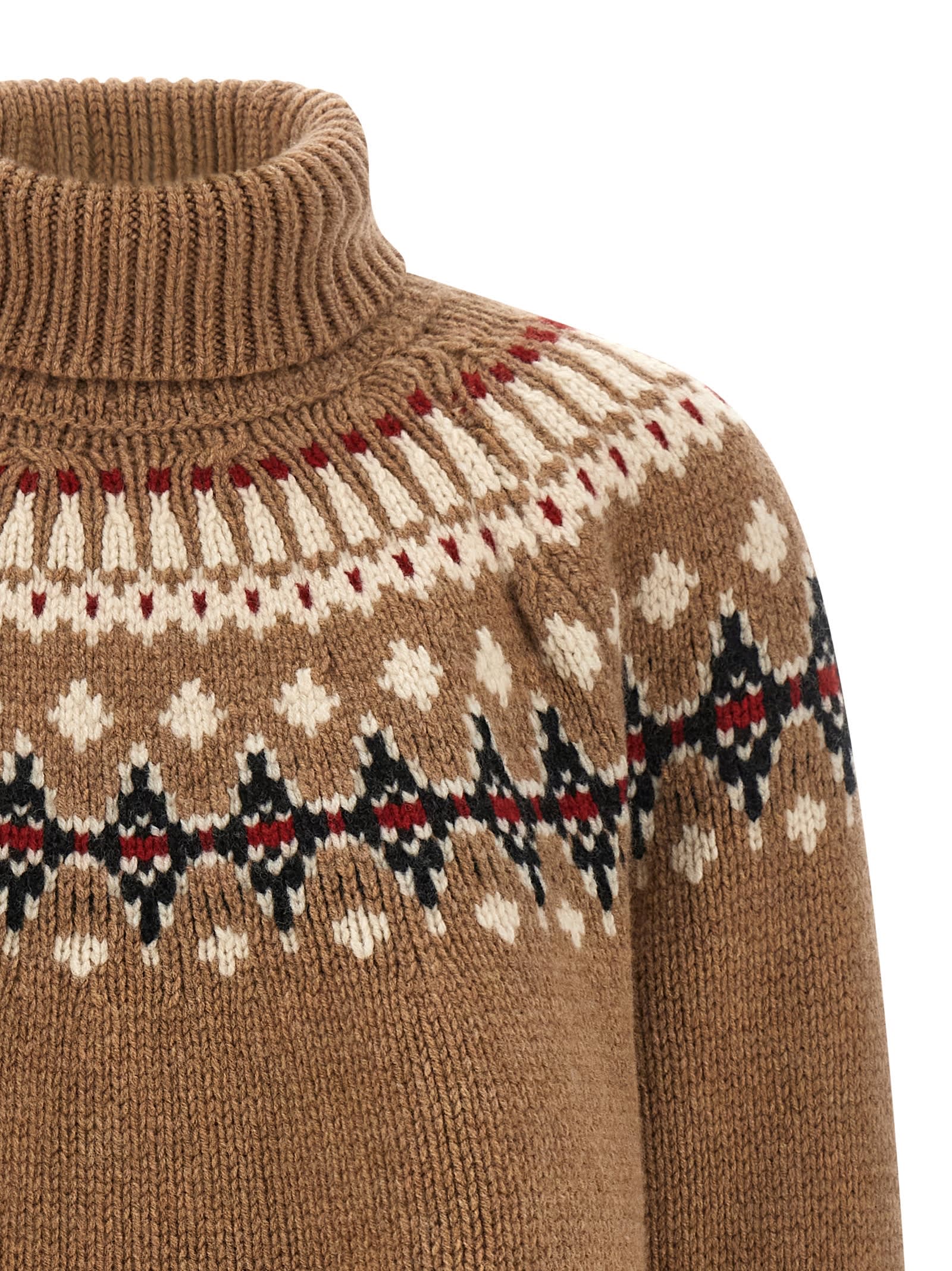 Alanui Patterned Camel Turtleneck Sweater With Geometric And Floral Motifs In Brown