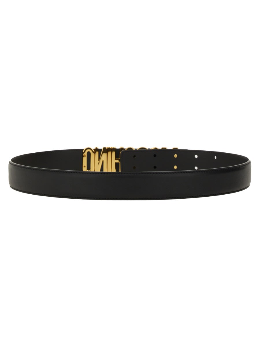 Moschino Adjustable Logo Embossed Belt With Multiple Holes In Black