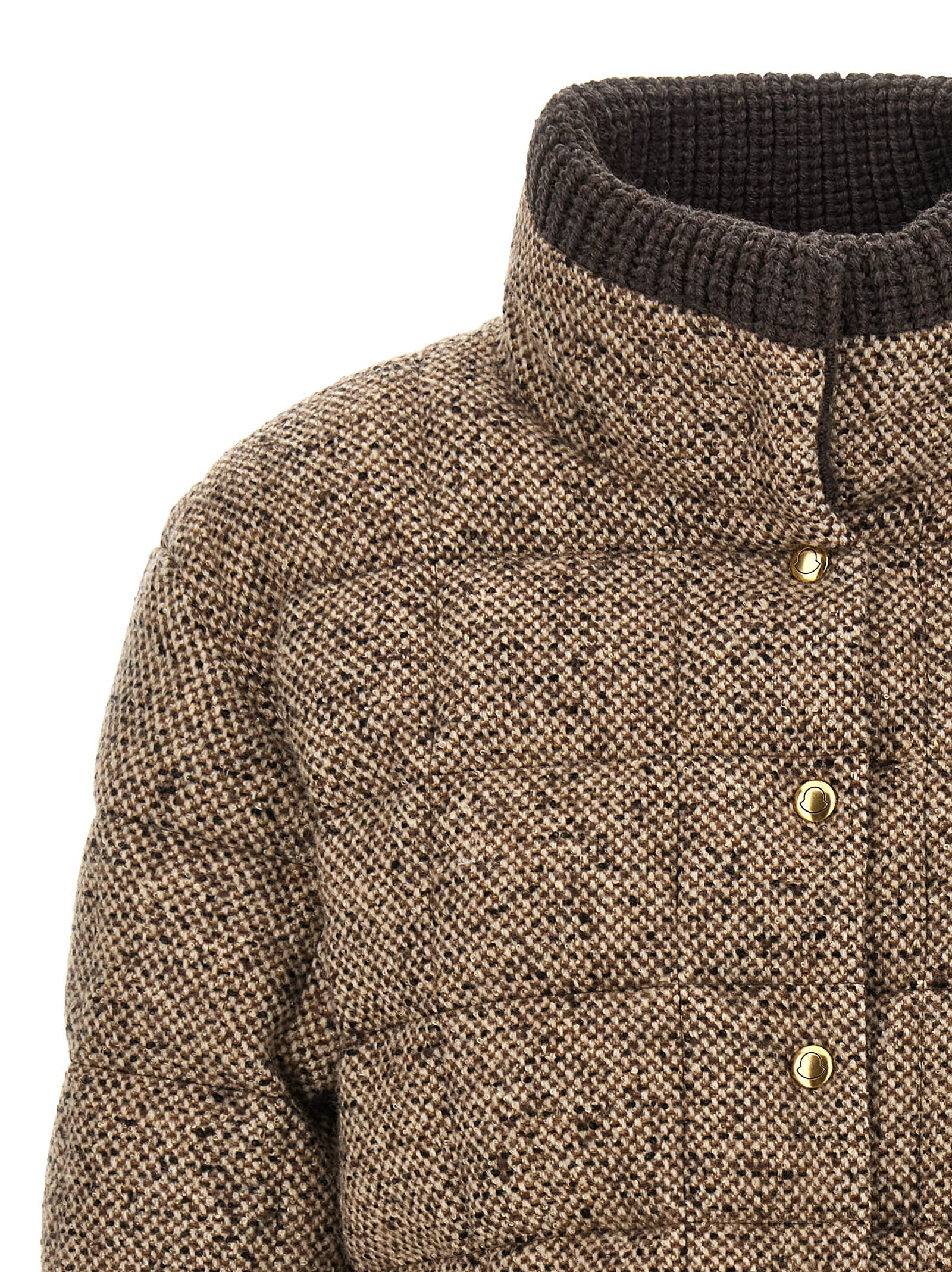 Moncler Antigony Wool Blend Short Down Jacket In Brown