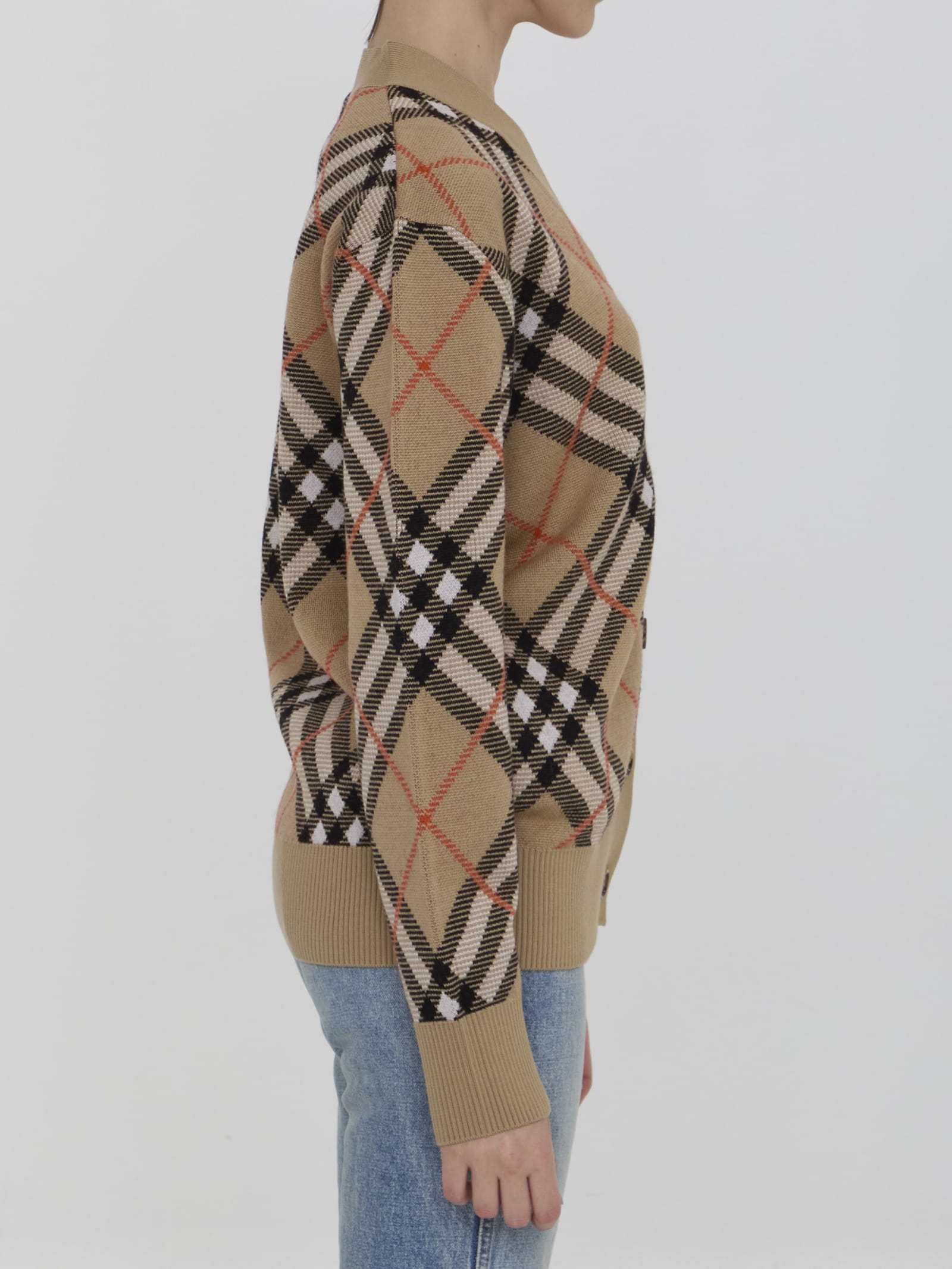 Shop Burberry Cardigan In Check Wool In Beige