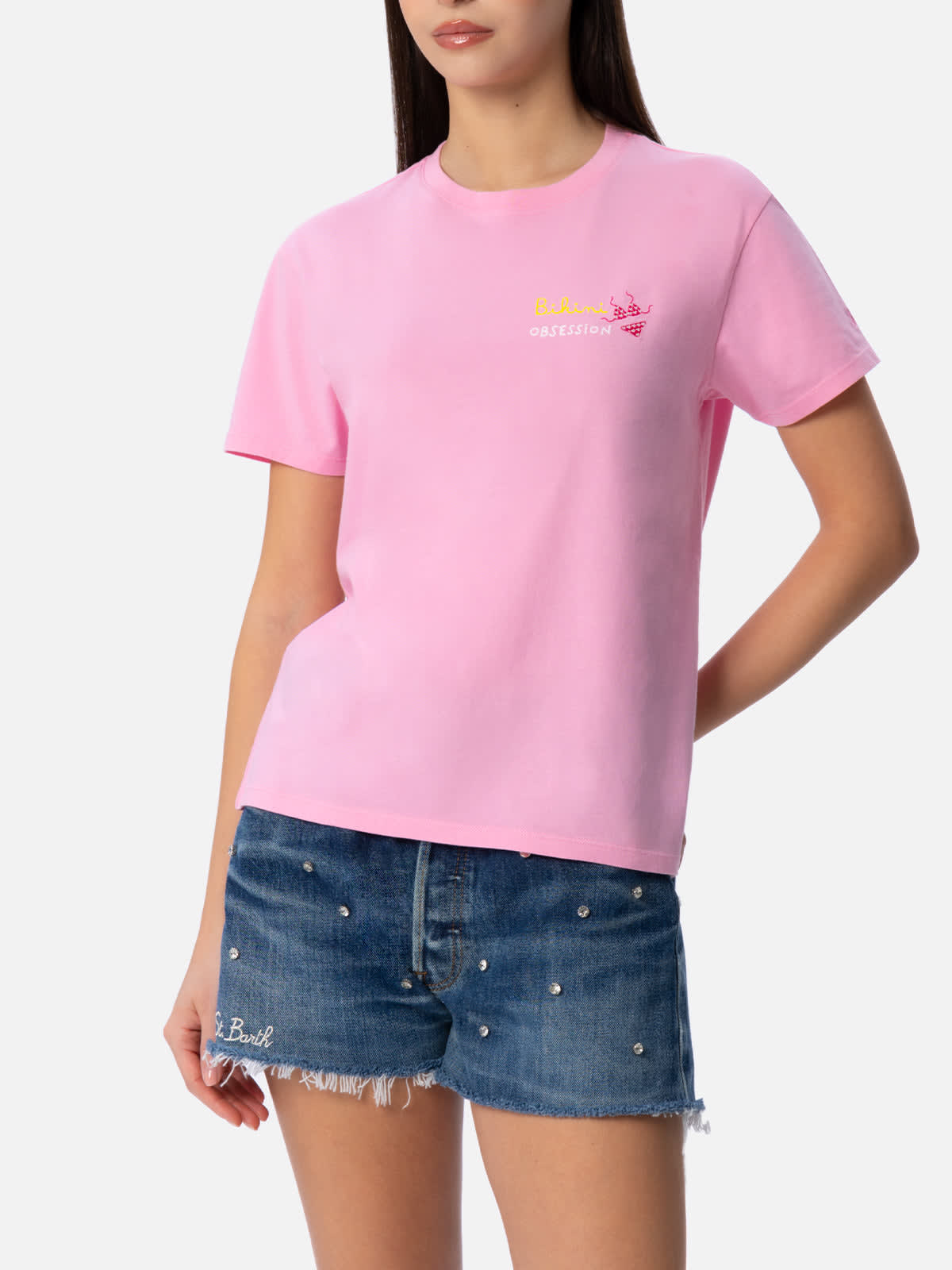 Shop Mc2 Saint Barth Woman Cotton Jersey Crewneck T-shirt Emilie With Bikini Obsession Embroidery In Pink