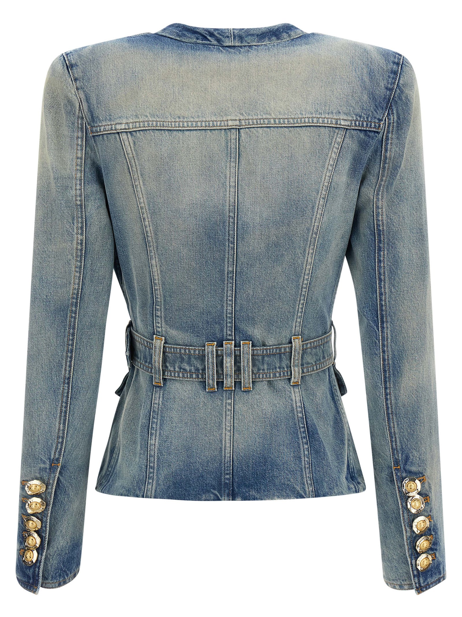 Balmain 1-button Belted Denim Jacket In Blue