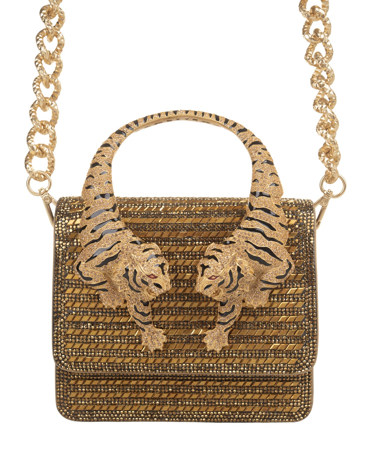 Shop Roberto Cavalli Golden Small Roar Shoulder Bag With Jewelled Tigers