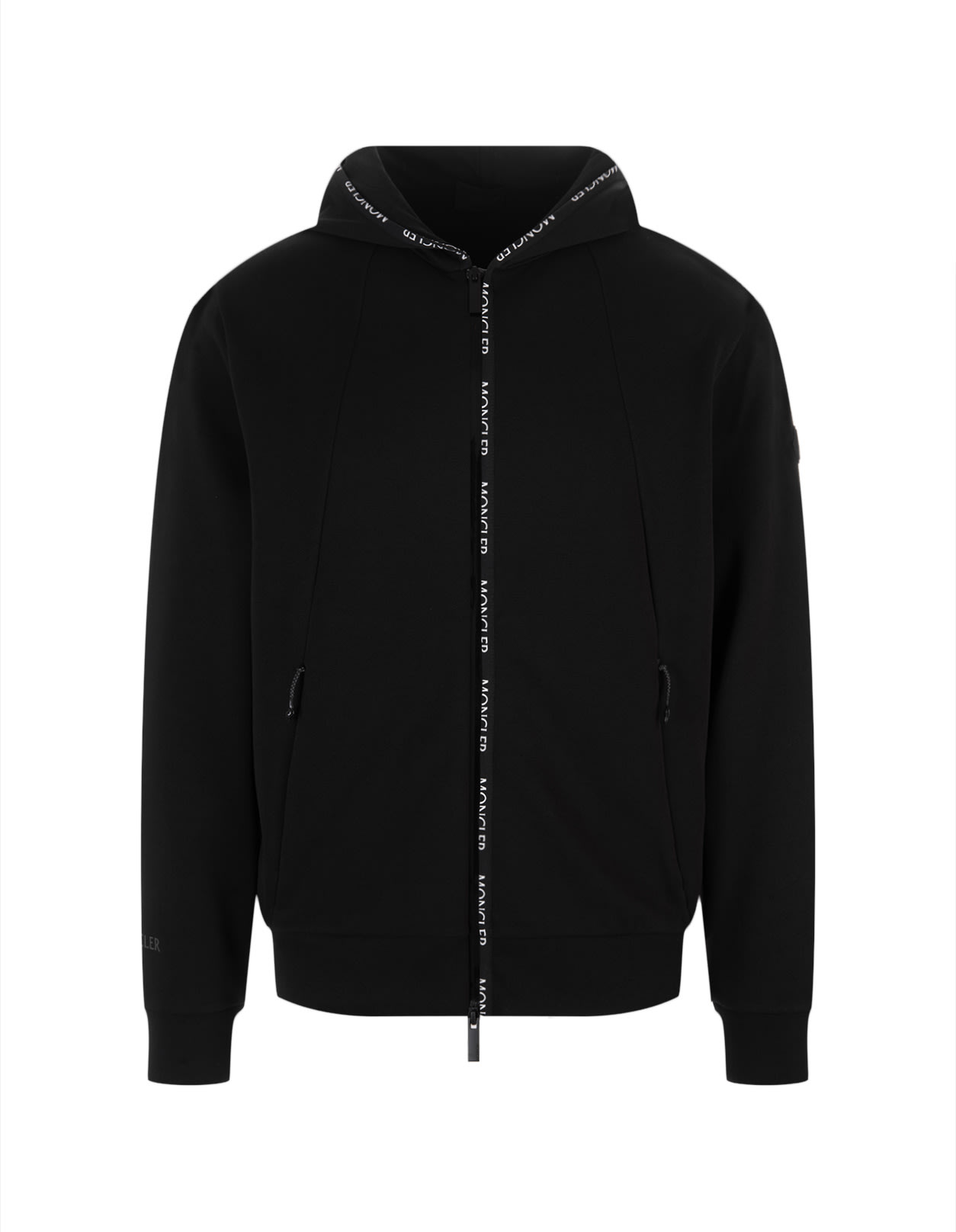 MONCLER BLACK ZIPPED HOODIE WITH LOGOED INSERT