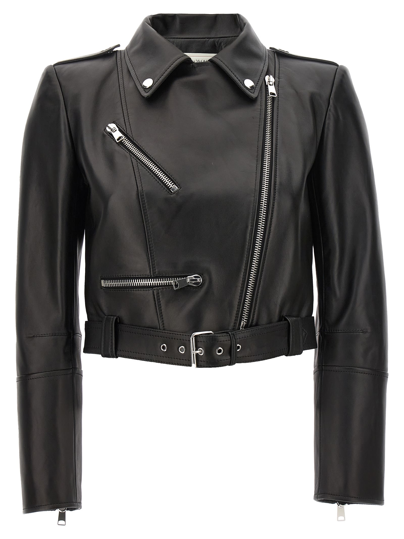 Alexander Mcqueen Cropped Biker Leather Jacket In Black