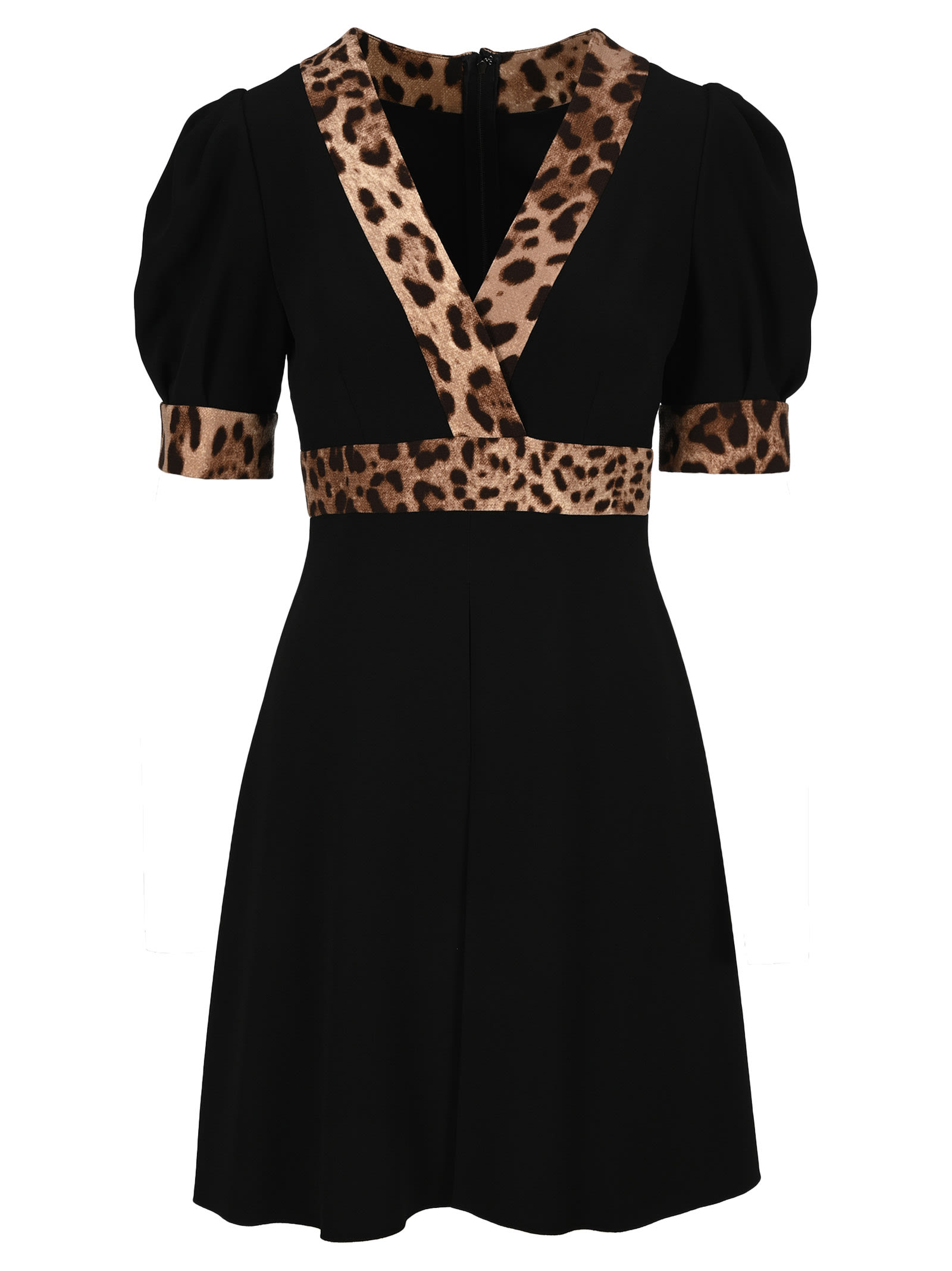 black dress with leopard trim
