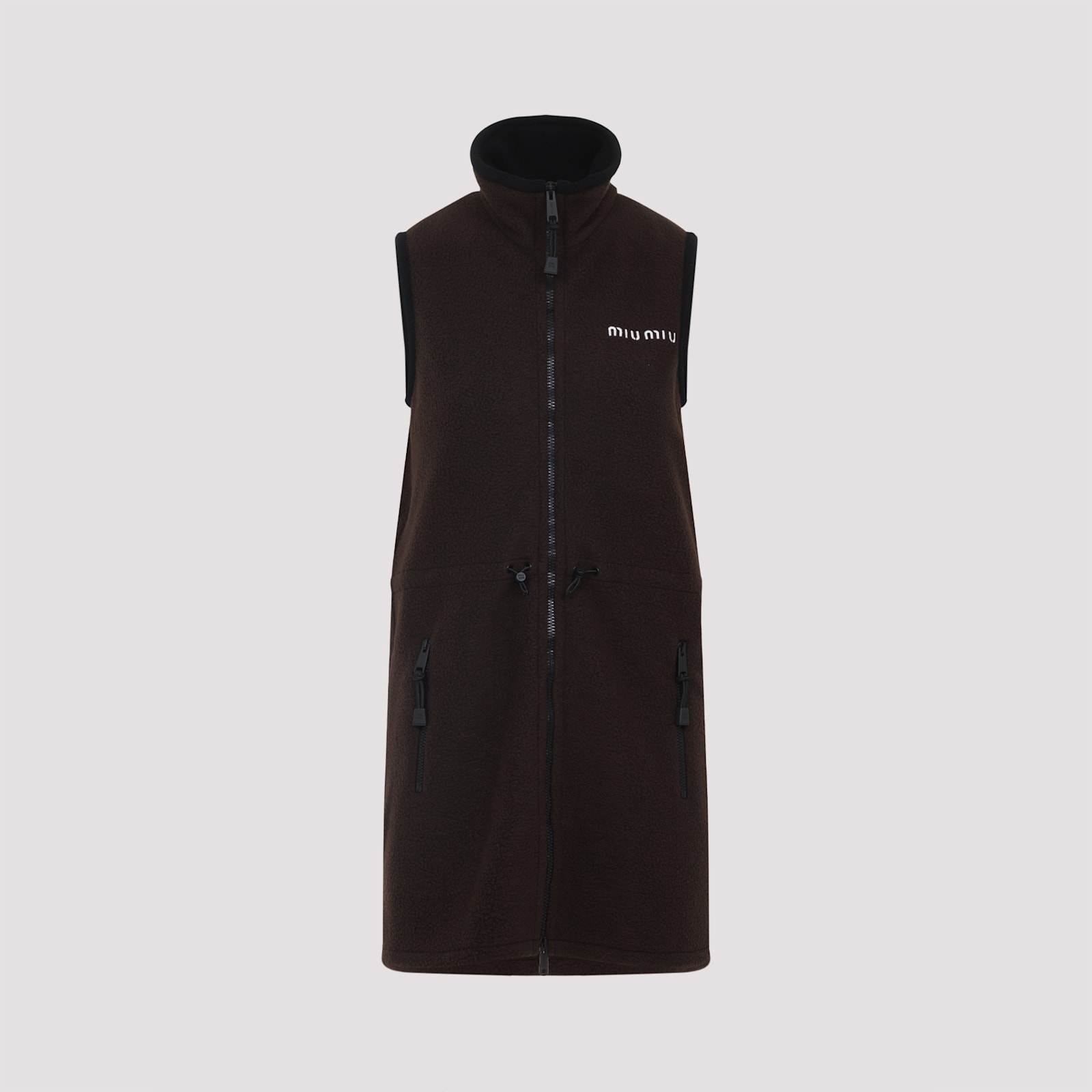 Miu Miu Mini Dress With Drawstring Waist And High Collar In Brown