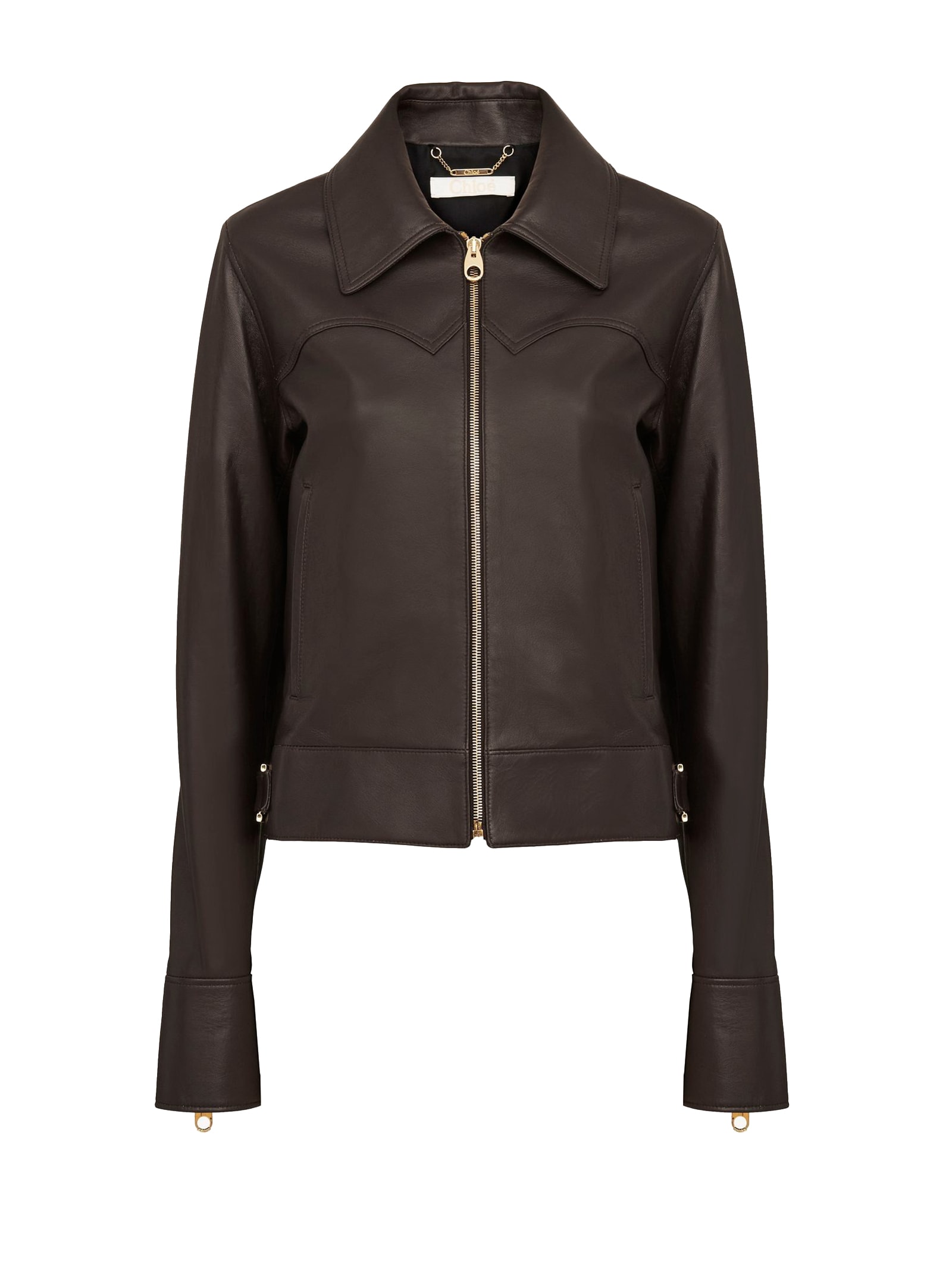 Shop Chloé Jacket With Wide Collar In Leather In Kohl Brown