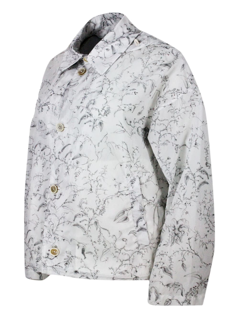 Shop Fabiana Filippi Windproof Jacket In Light Nylon With Hood And Button Closure In Branch Pattern Print In White