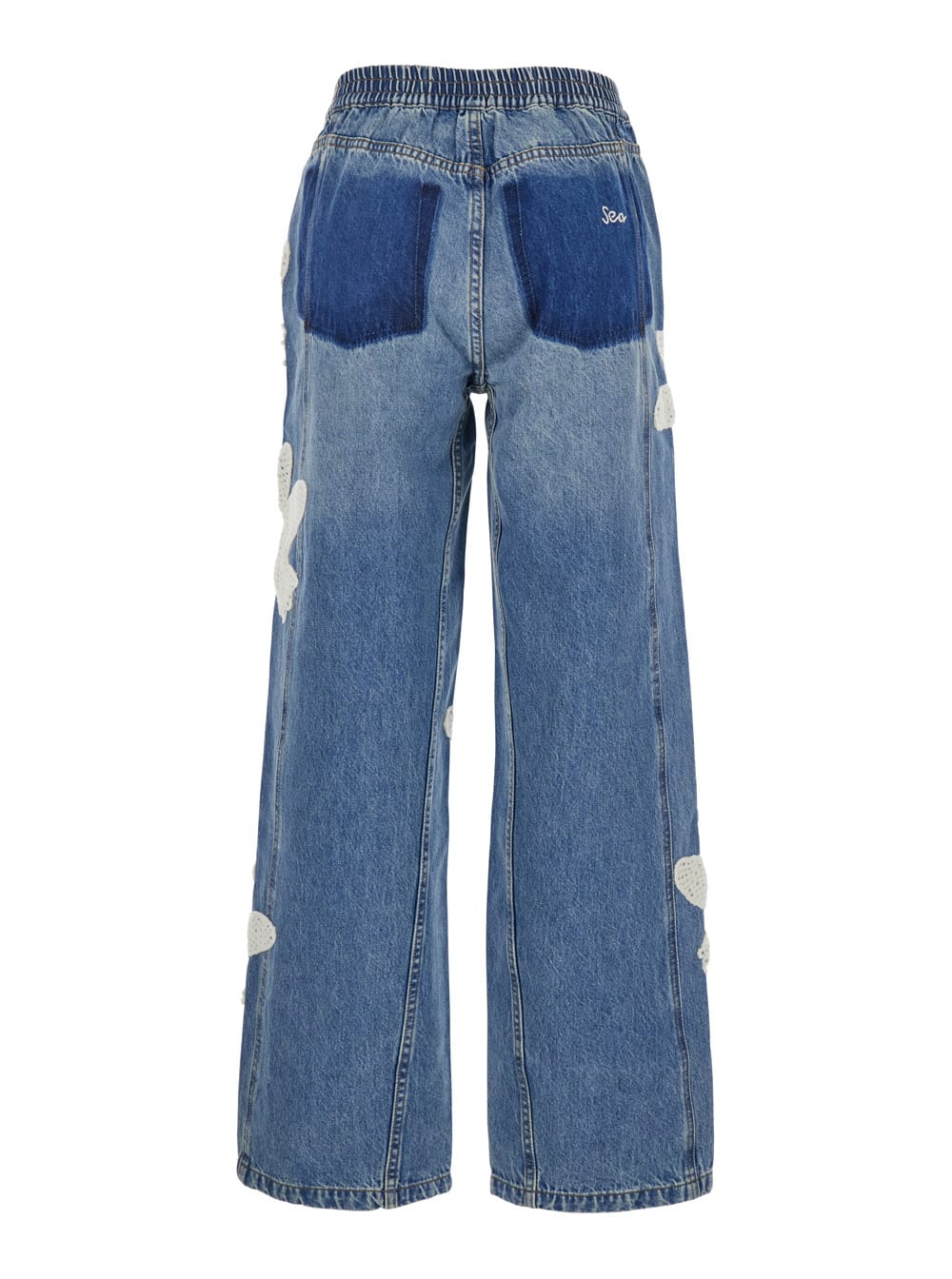 Sea New York Payton Blue Jeans With All-over Crochet Birds In Cotton Blend Woman In Blu
