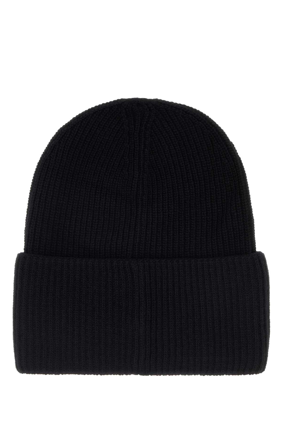 Moncler Ribbed Knit Carded Wool Beanie With Felt Logo Patch In Black