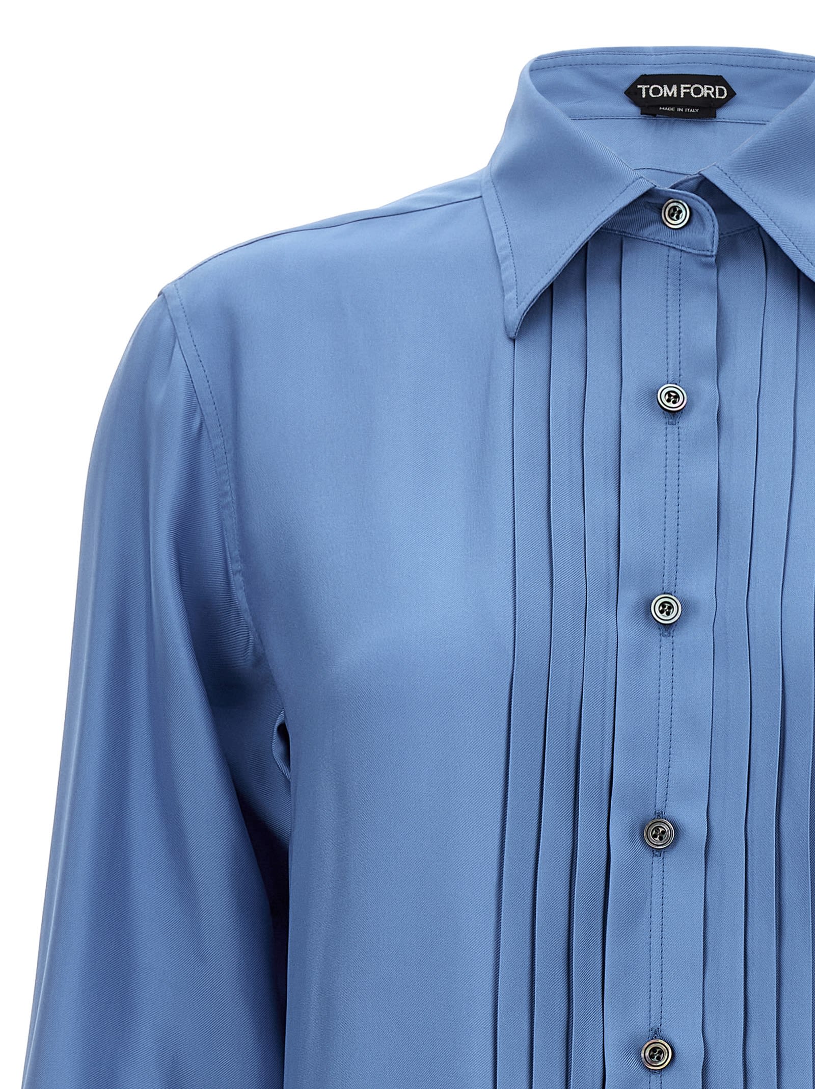 Shop Tom Ford Pleated Plastron Shirt In Stone Blue (light Blue)