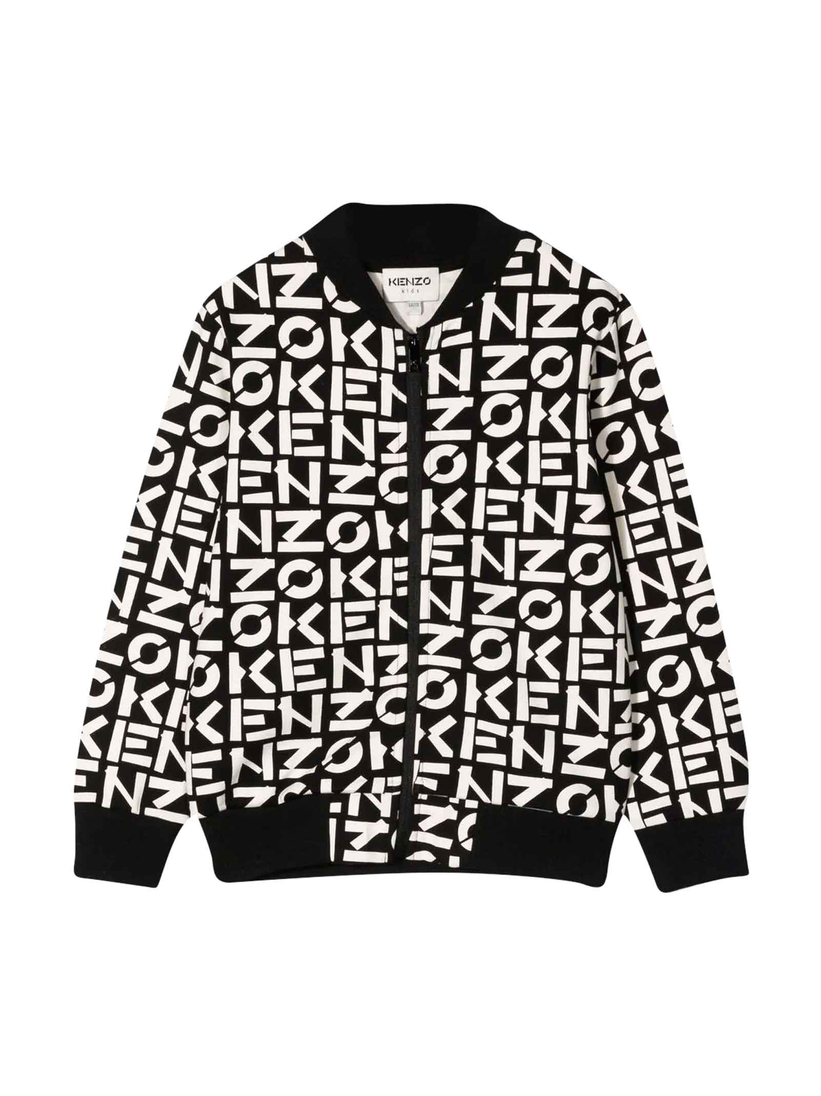 Kenzo Kids Black / White Boys Bomber Jacket, All-over Logo Print, Low Ribbed Collar, Front Zip Closure, Long Sleeves, Elasticated Cuffs And Elasticated Hem By.