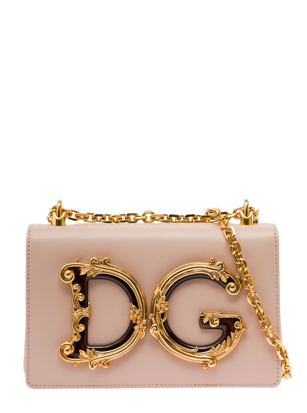 DOLCE & GABBANA PINK BAROCCO CCROSSBODY BAG WITH CHAIN SHOULDER STRAP AND MONOGRAM PLATE ON THE FRONT DOLCE & GABBAN