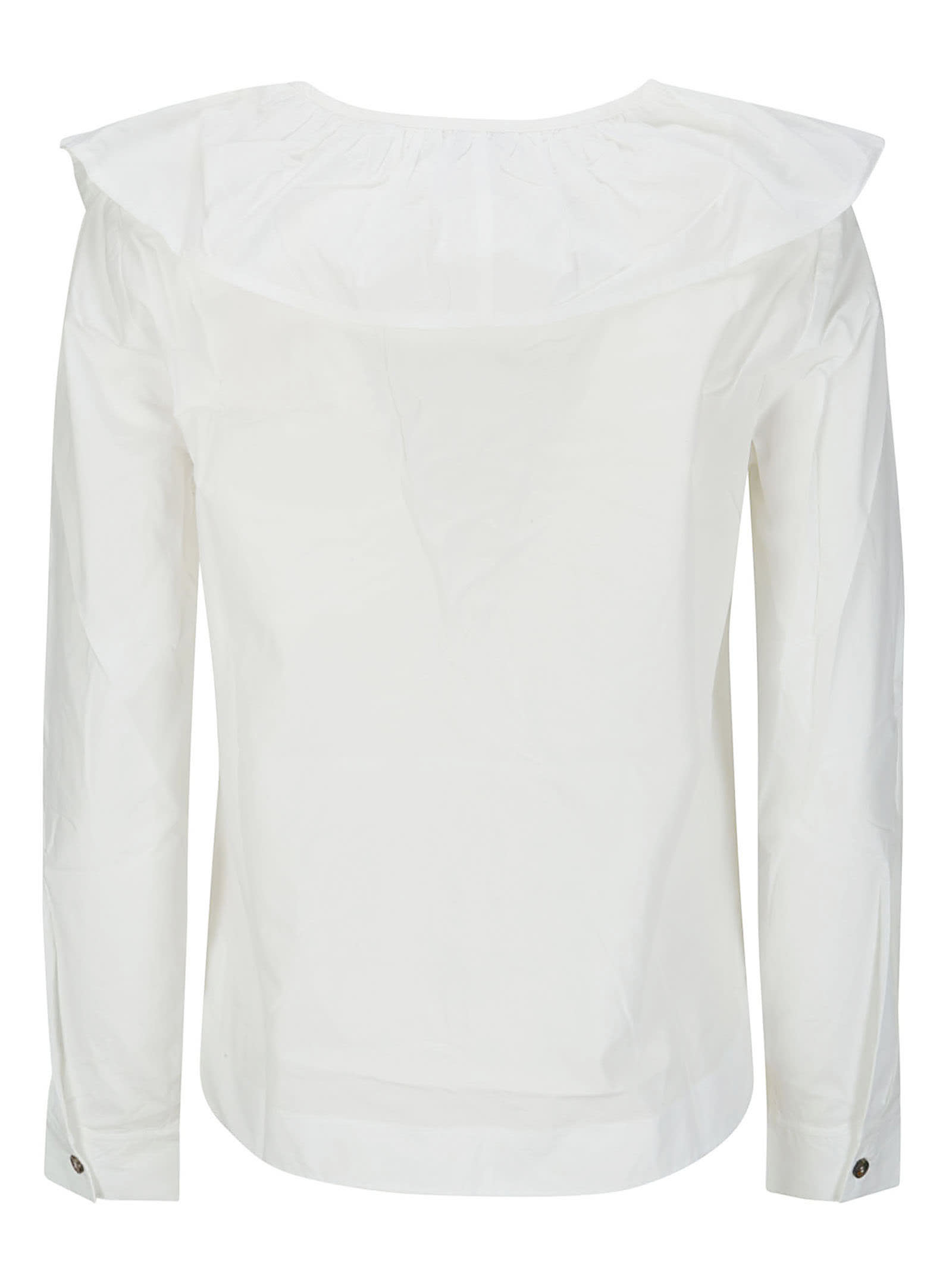Shop Ganni Cotton Poplin Ruffle V-neck Blouse In Bright White