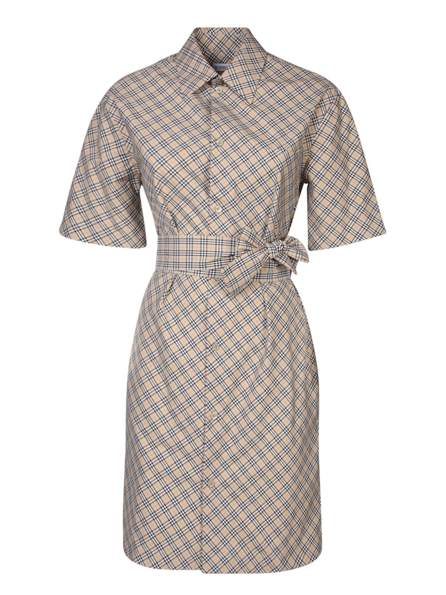 Shop Burberry Mini Check Sand Polo Dress In Beige