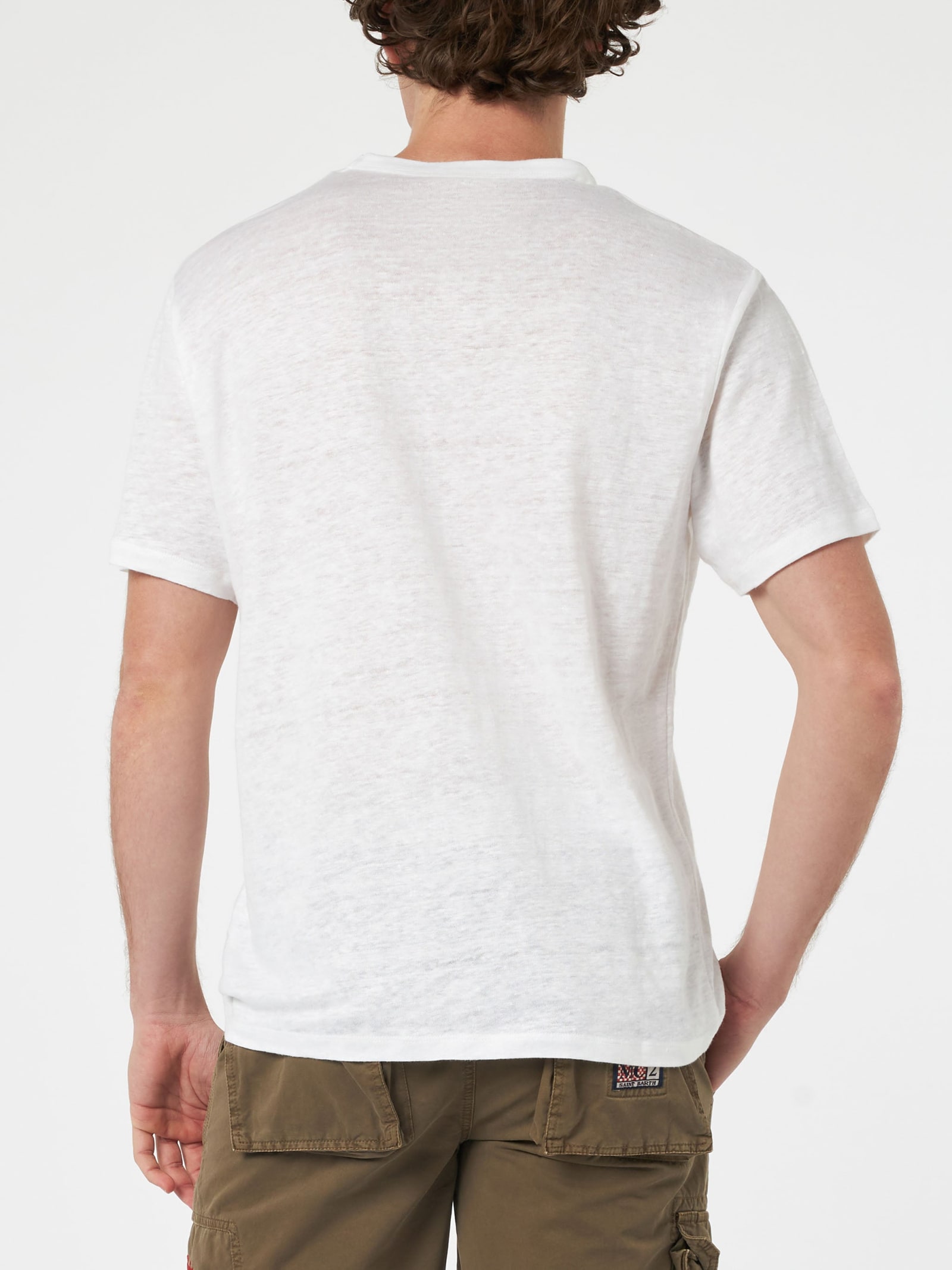 MC2 SAINT BARTH MAN LINEN JERSEY T-SHIRT ECSTASEA WITH PRINTED AND EMBROIDERED POCKET