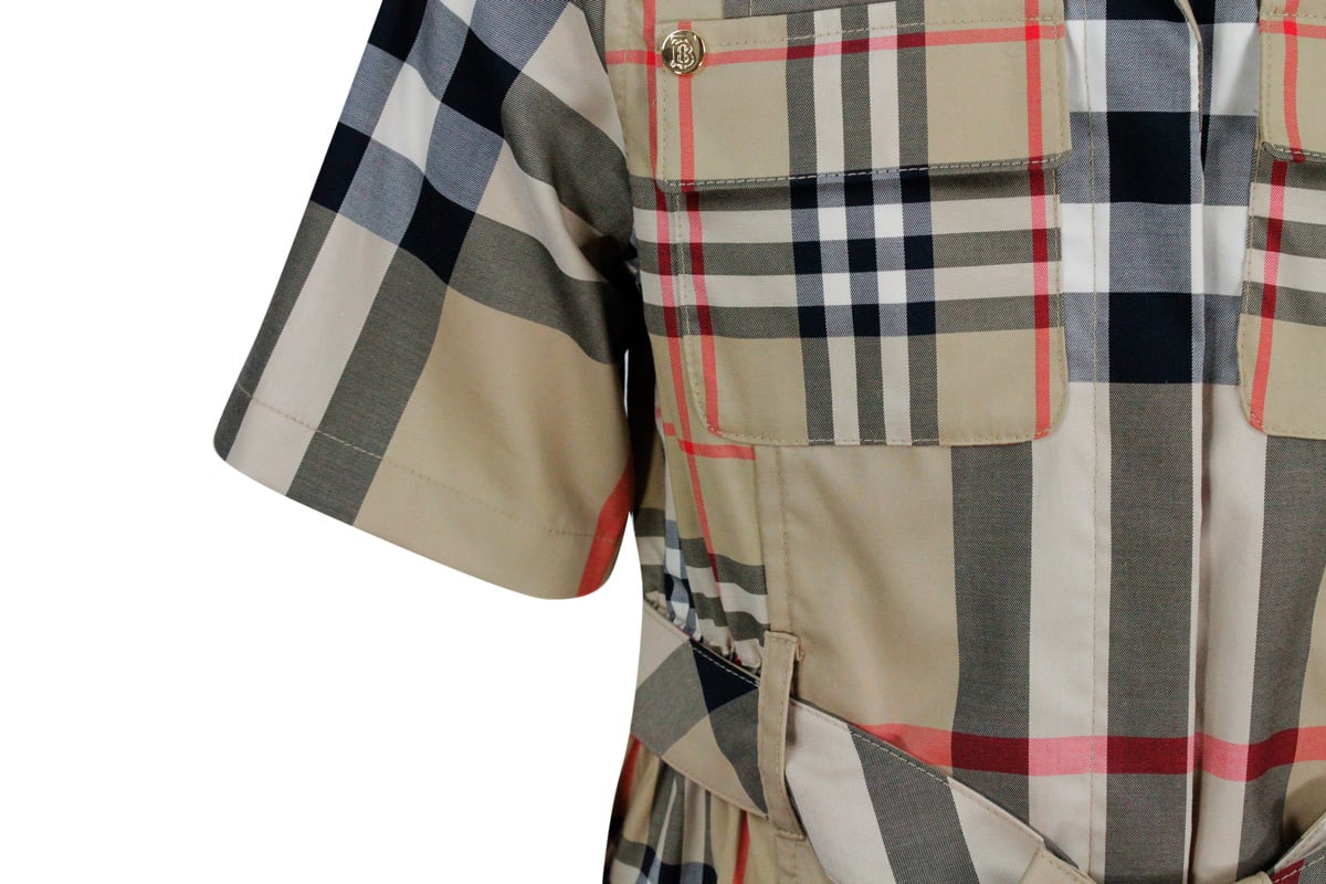 Shop Burberry Short-sleeved Cotton Dress With Tartan Check Pattern And Button Closure On The Front In Beige