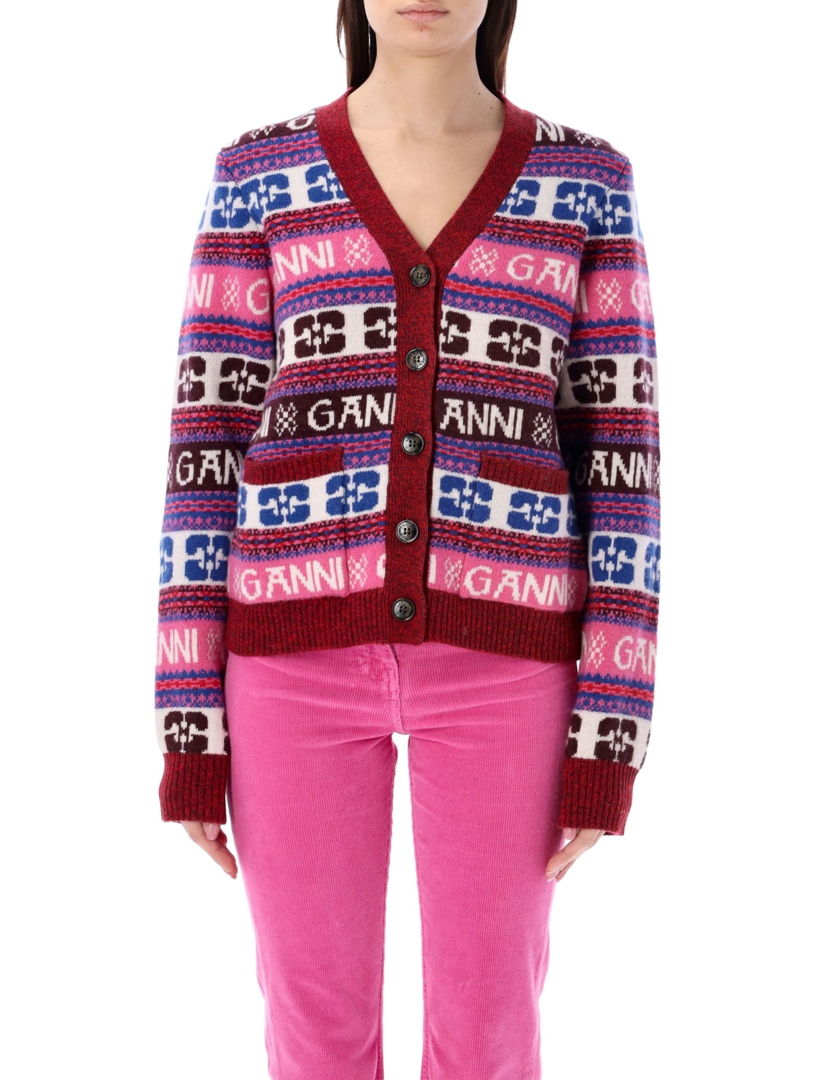 Shop Ganni Allover Logo Cardigan In Multicolor