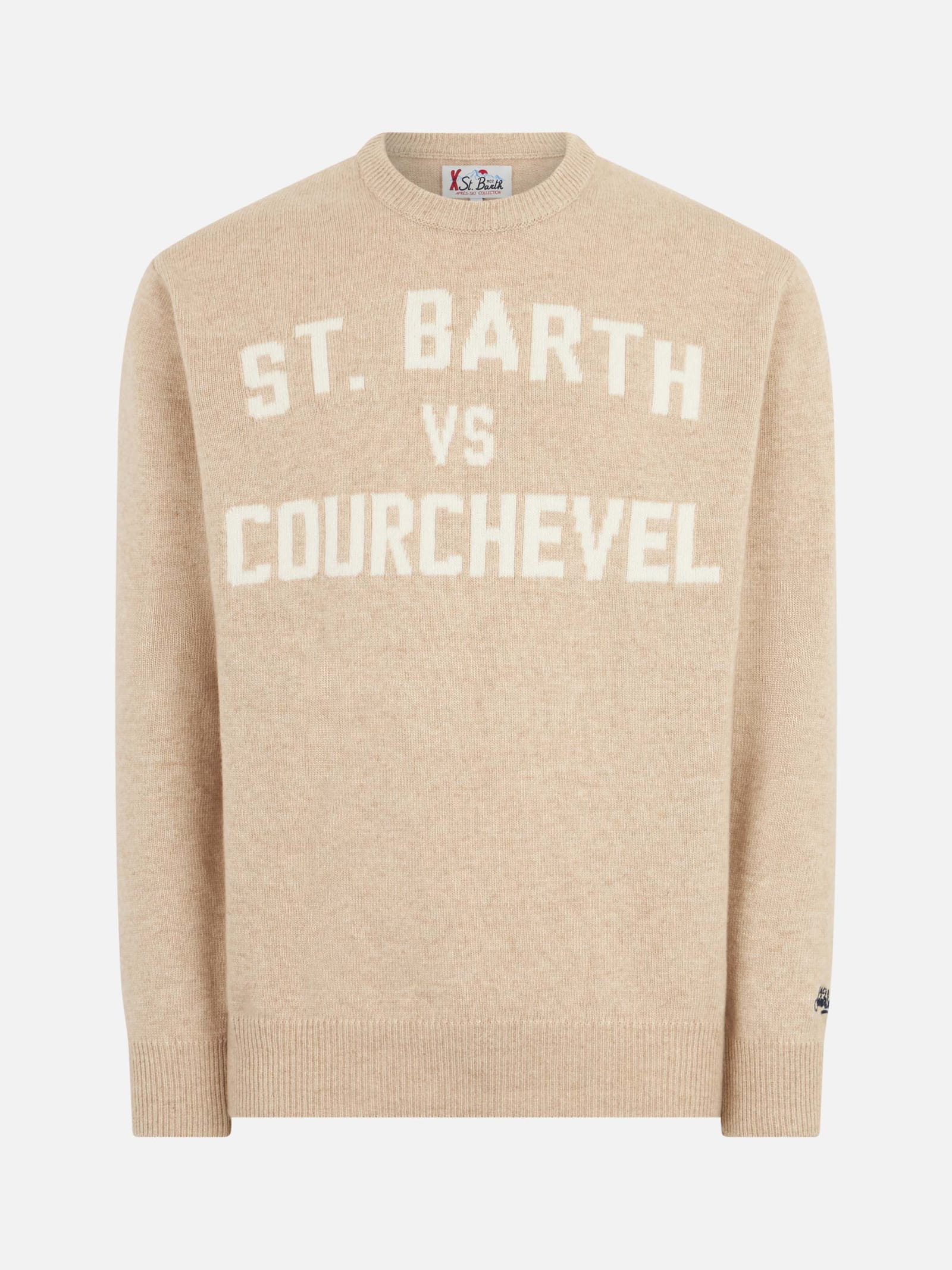 Mc2 Saint Barth Man Sweater With St. Barth Vs Courchevel Print In Beige