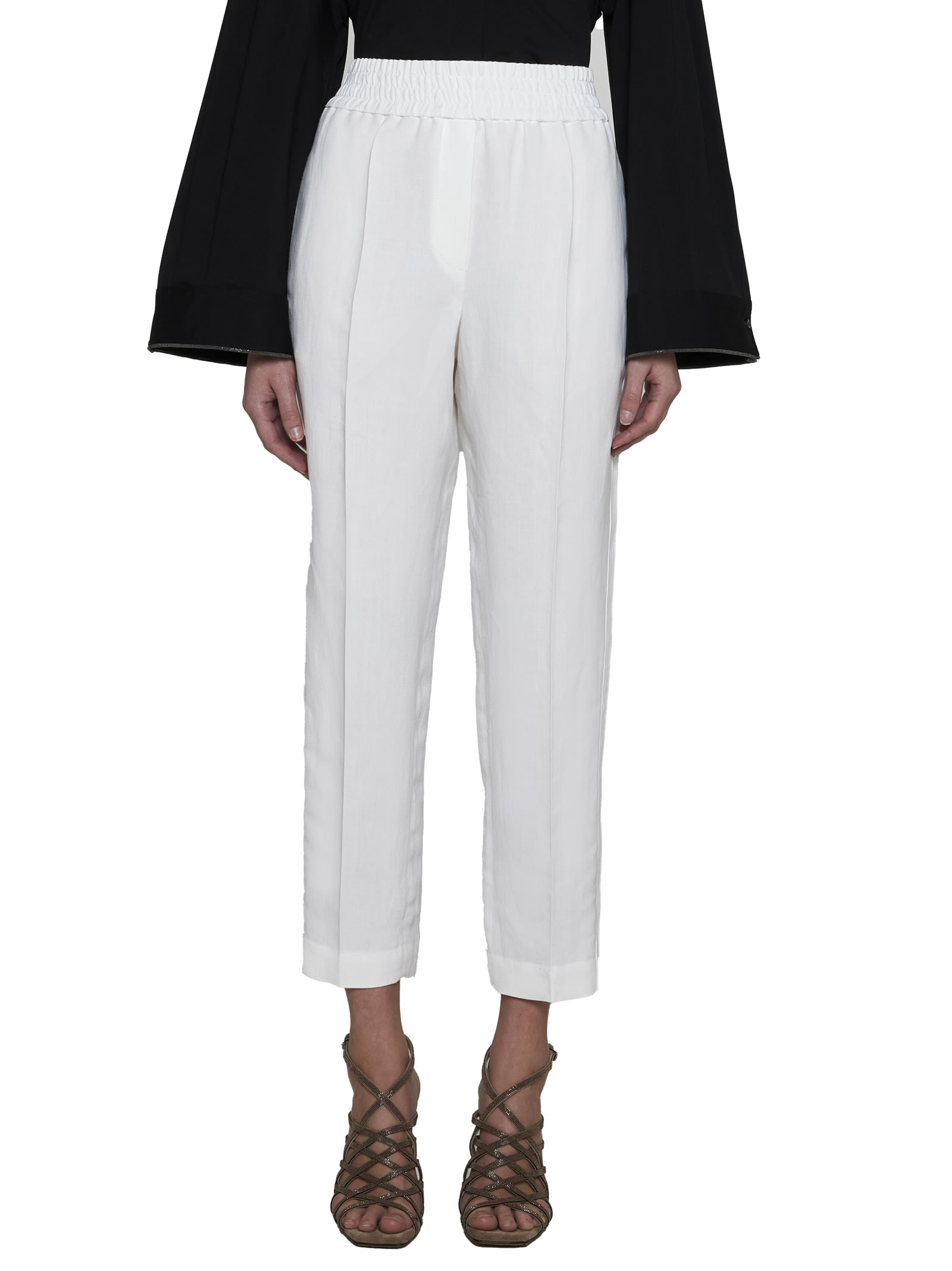 Brunello Cucinelli Women Slouchy Trousers In Viscose And Linen Fluid Twill With Moniline In Naturale