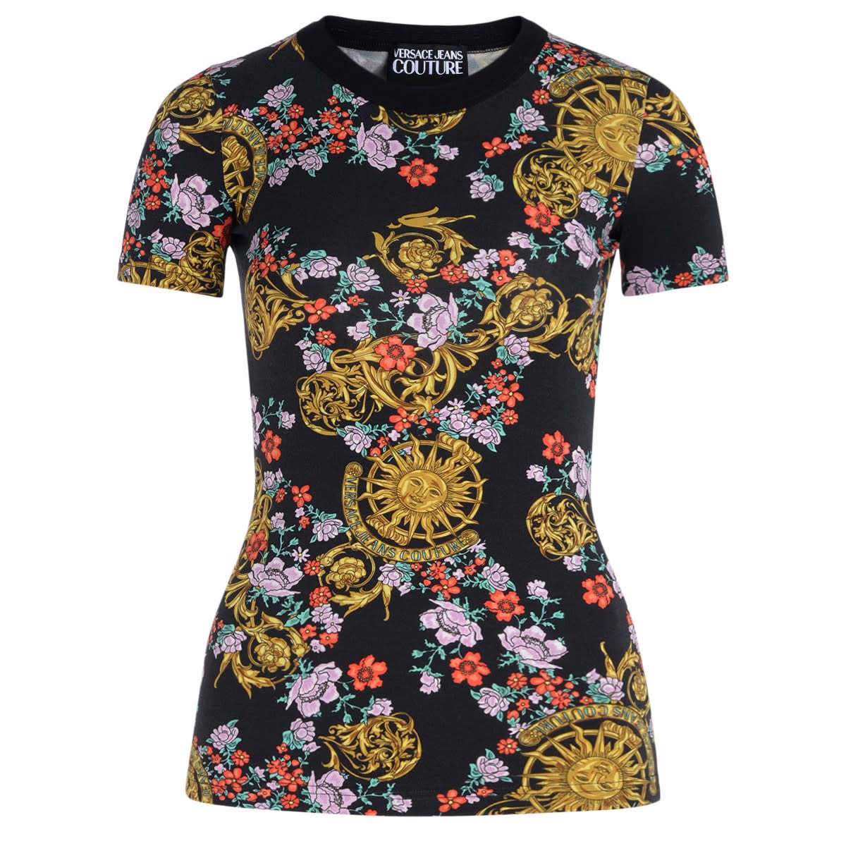Versace Jeans Couture T-shirt With Sun Flower Garland Multicolor Print