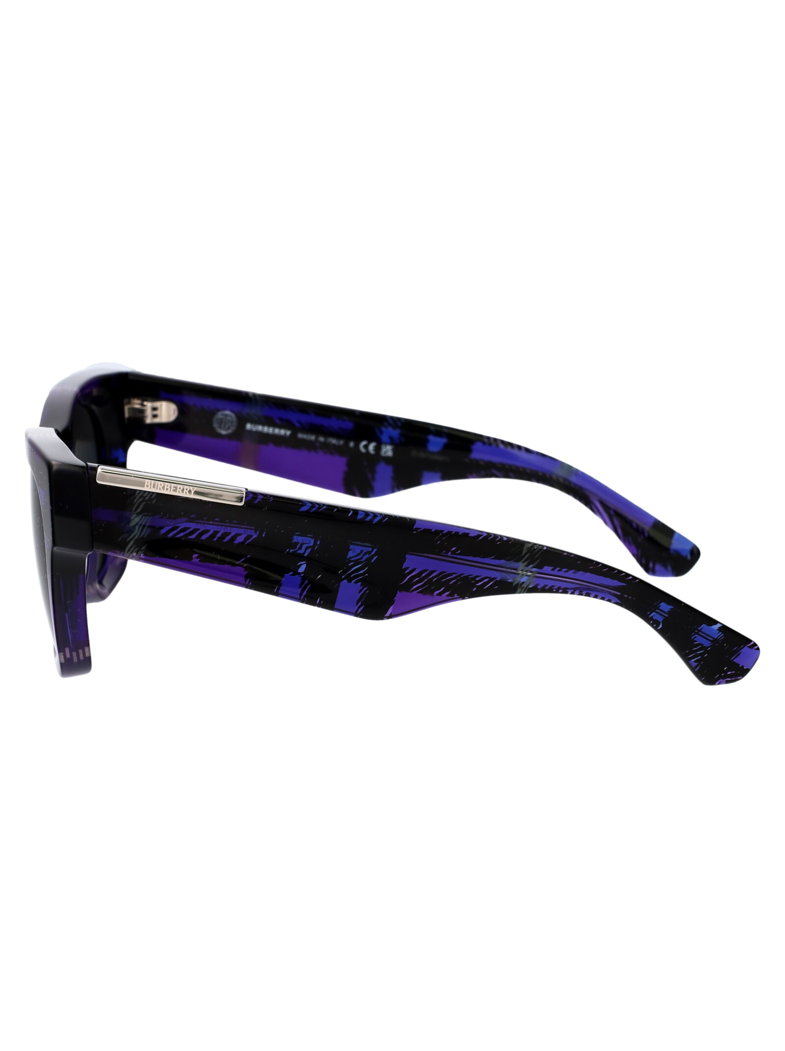 Burberry Eyewear Engraved-logo Rectangle-frame Sunglasses In 411387 Check Violet