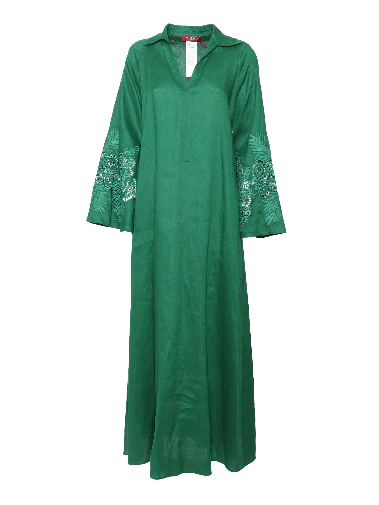 Max Mara Embroidered Flax Linen Midi Dress With Flair In Green