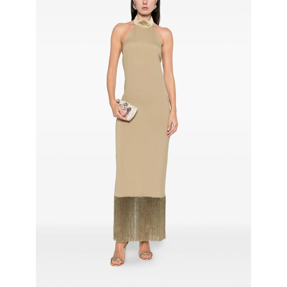Taller Marmo Fringed-trim Halterneck Maxi Dress In Neutral