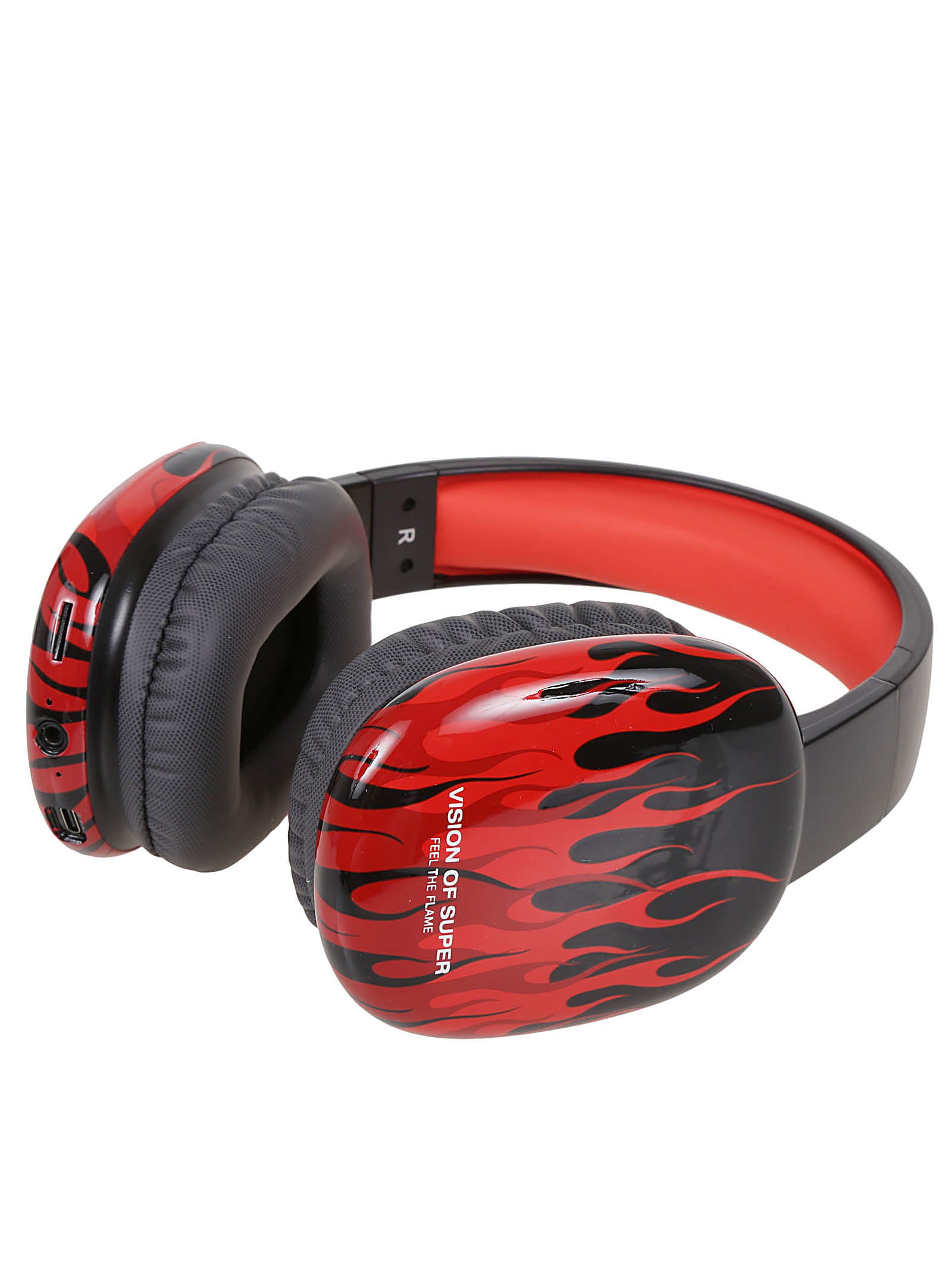Vision Of Super Black Headphones With Red Flames And White Logo