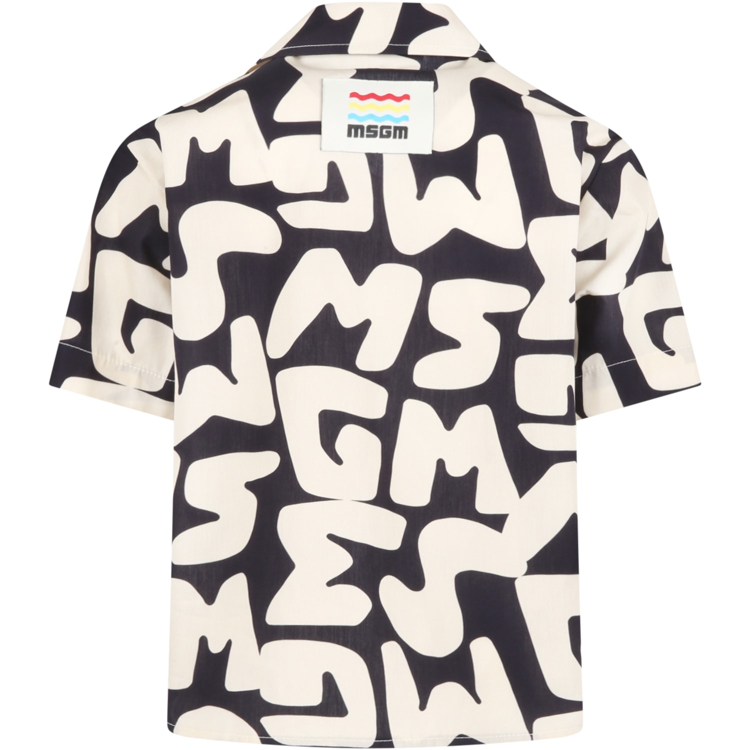 Msgm Black Shirt For Boy With Ivory Logo In Multicolor