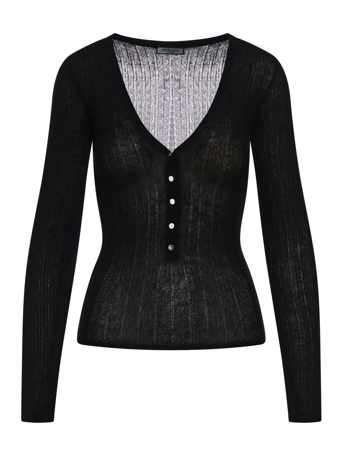 DURAZZI MILANO CASHMIRE TOPRIBBED V-NECK KNITTED TOP WITH BRANDED BOTTONS IN CASHMERE
