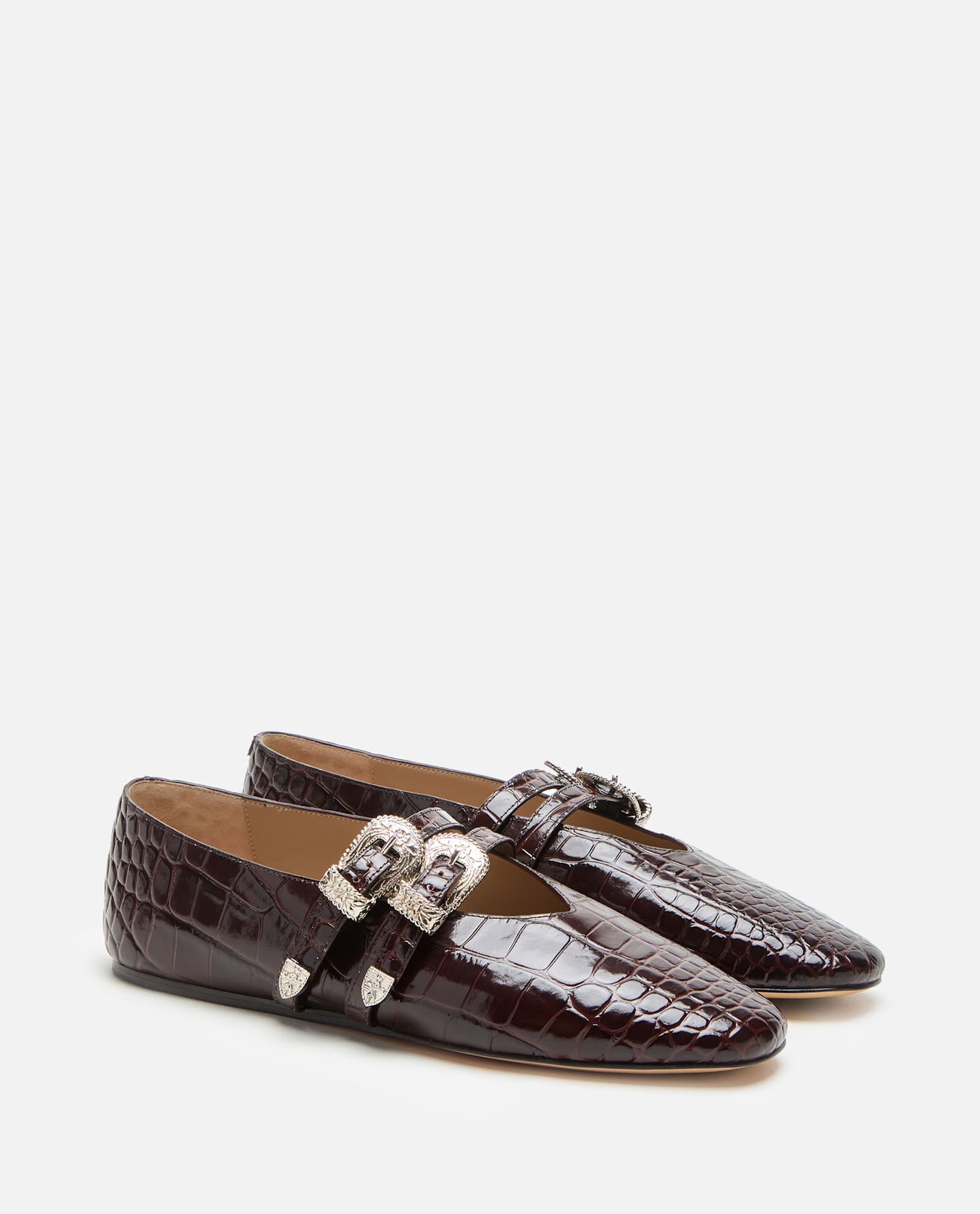 Le Monde Beryl Claudia Croc-effect Patent Leather Mary-jane Ballet Flats In Brown