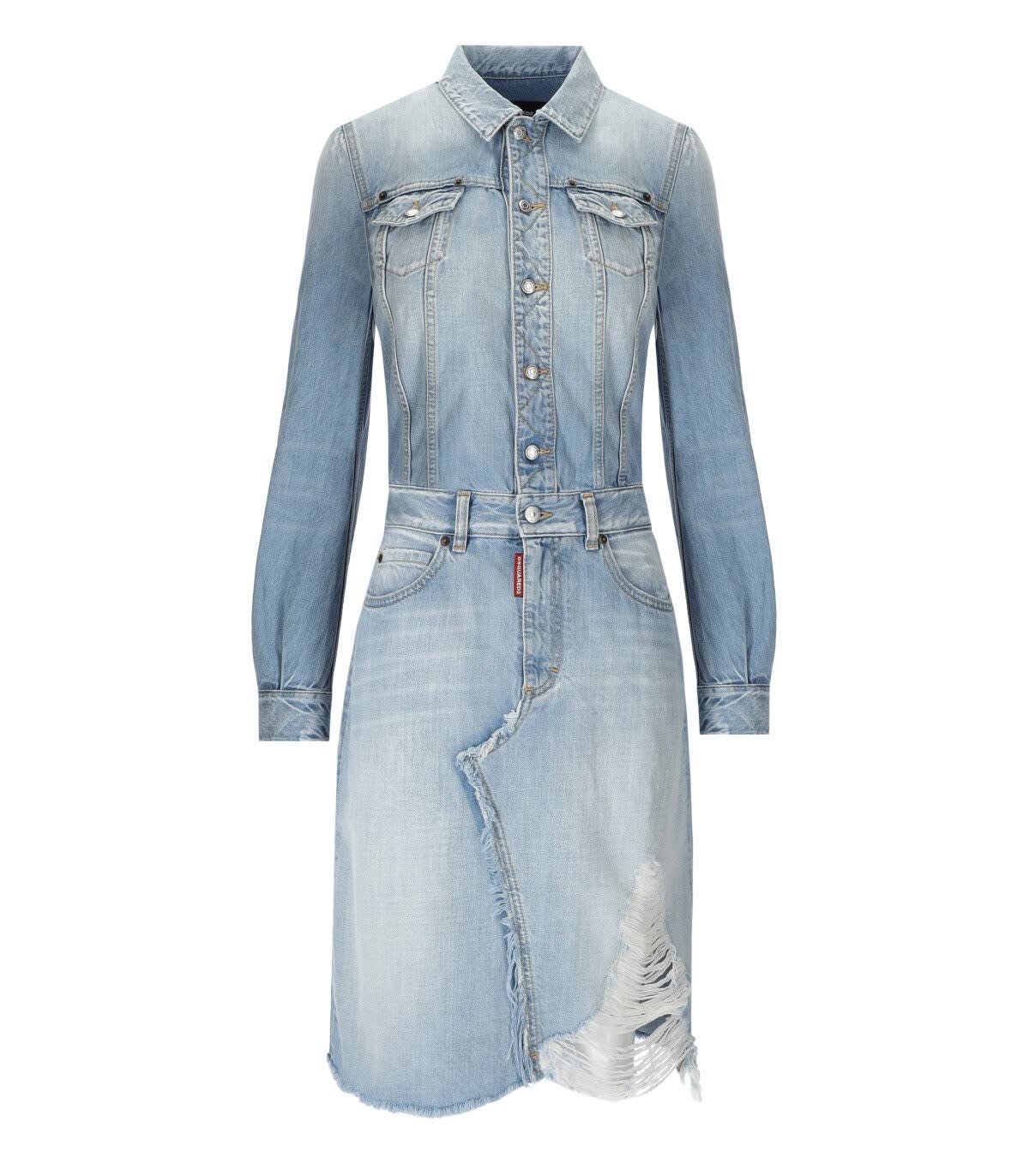 Dsquared2 Long Sleeve Denim Midi Dress In Azzurro