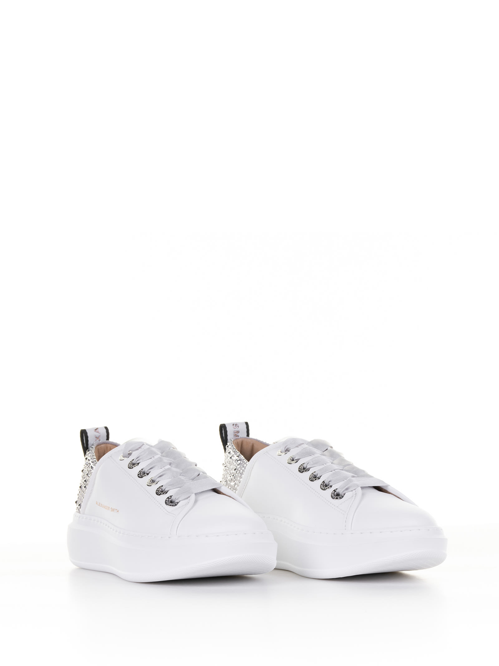 Shop Alexander Smith Wembley Sneaker In Leather And Rhinestones In White Siver