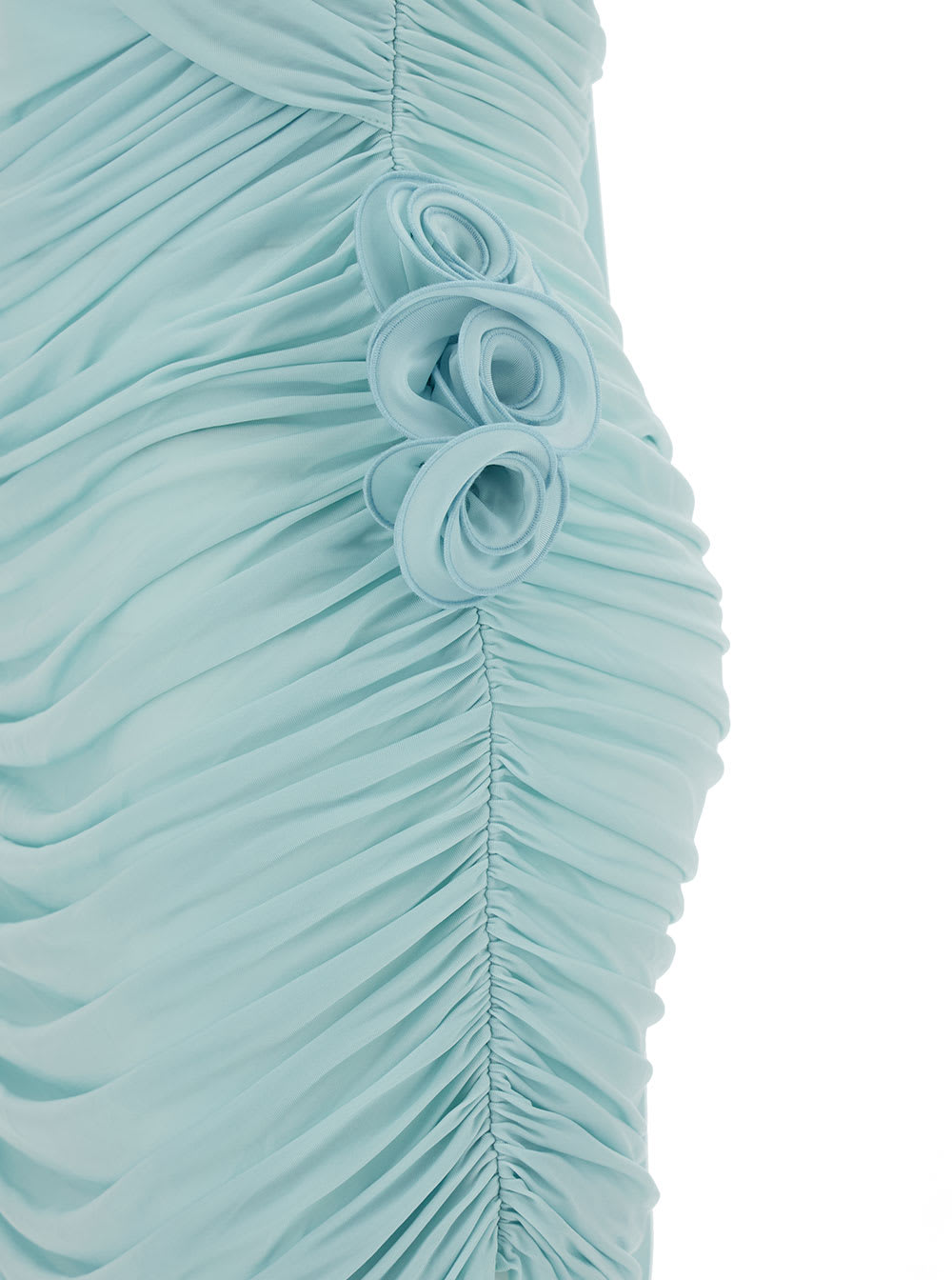 Shop Magda Butrym Light Blue Draped Mini Dress With Roses Applications In Stretch Cupro Wpman