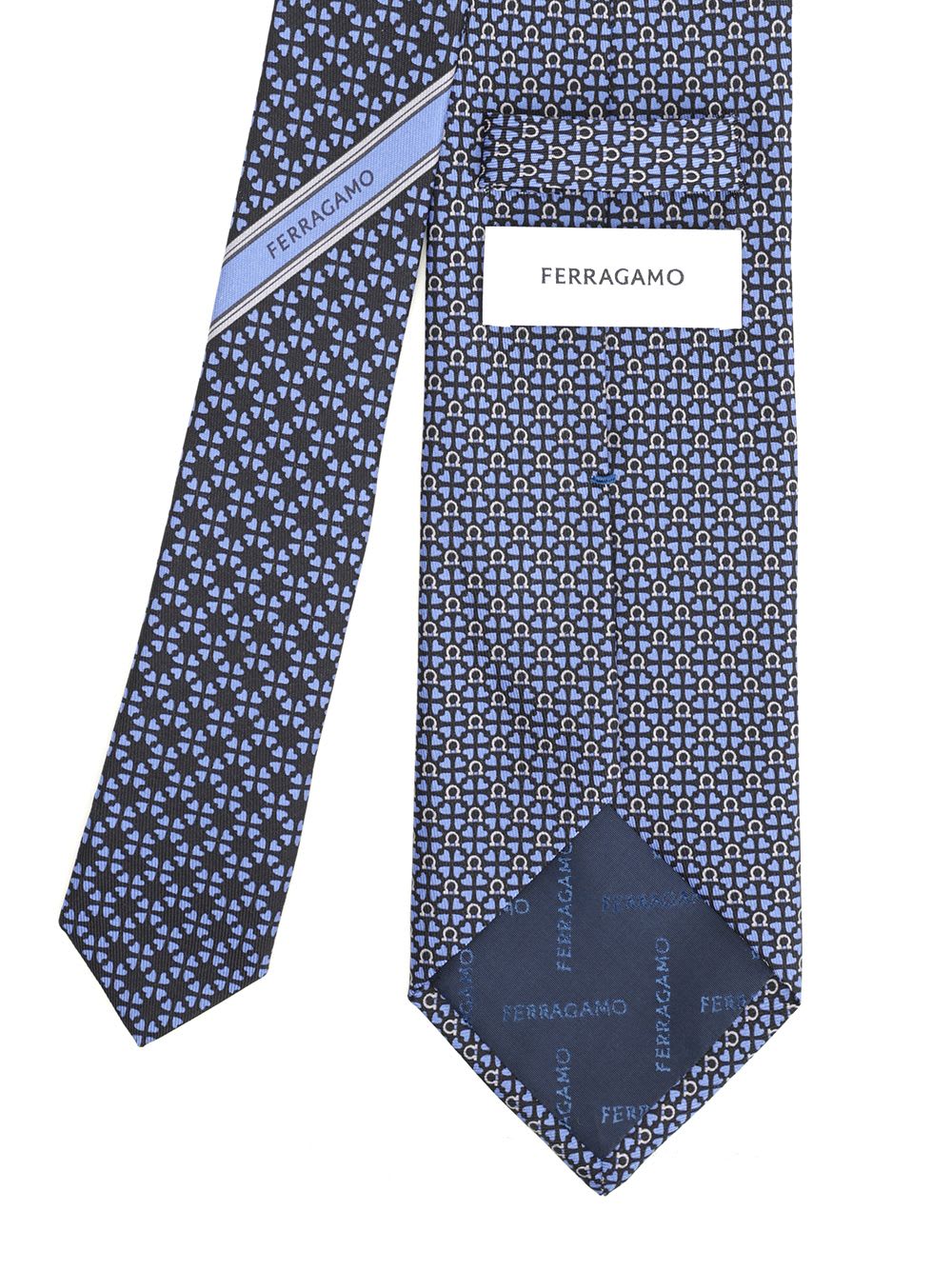 Ferragamo Silk Tie With Gancini And Hearts Print In Blue