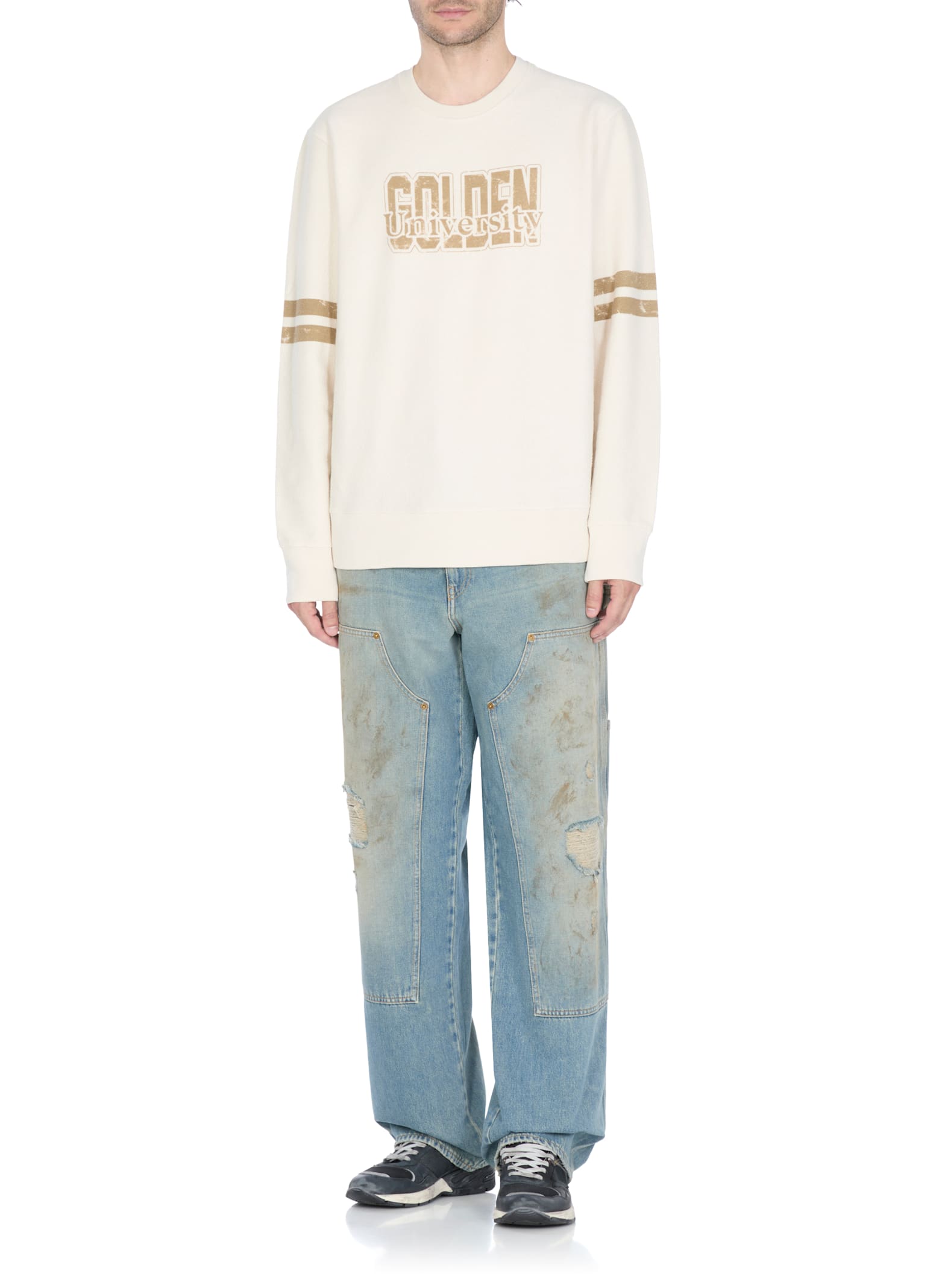 Golden Goose Ivory Cotton Sweatshirt With Contrasting Logo In Multi