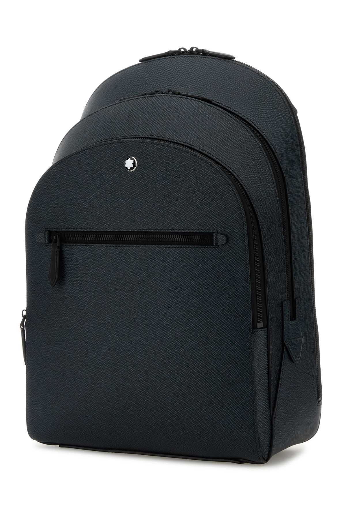 Montblanc Blue Leather Medium Backpack In Black