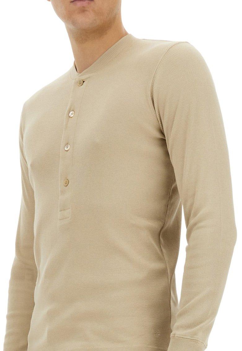 Shop Tom Ford Fine-ribbed Logo Embroidered T-shirt In Beige