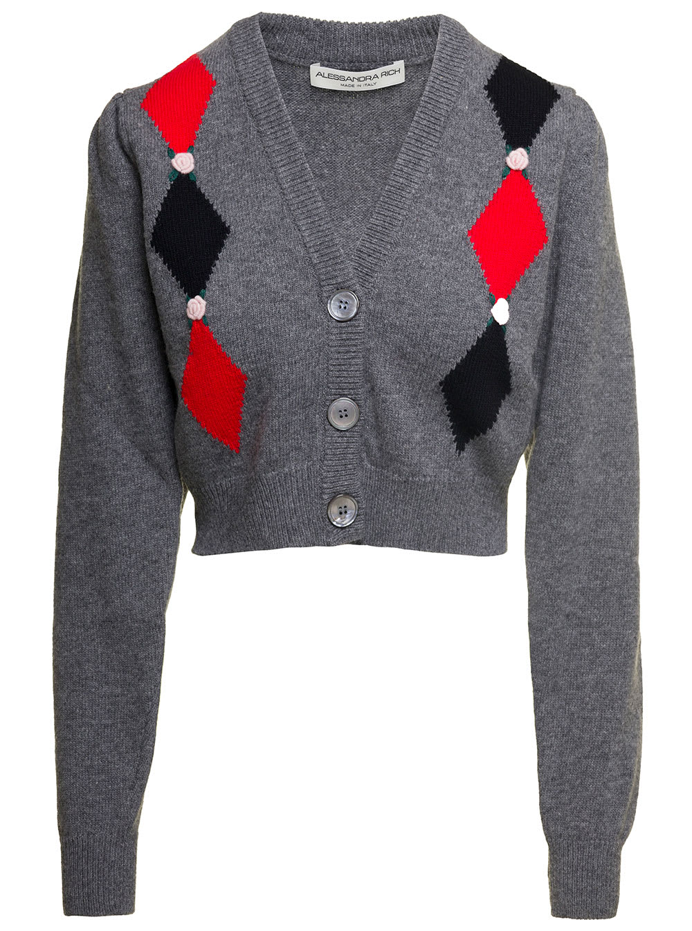 Shop Alessandra Rich Grey Cardigan With Diamond Motif And Embroidered Rose Detail In Wool Woman