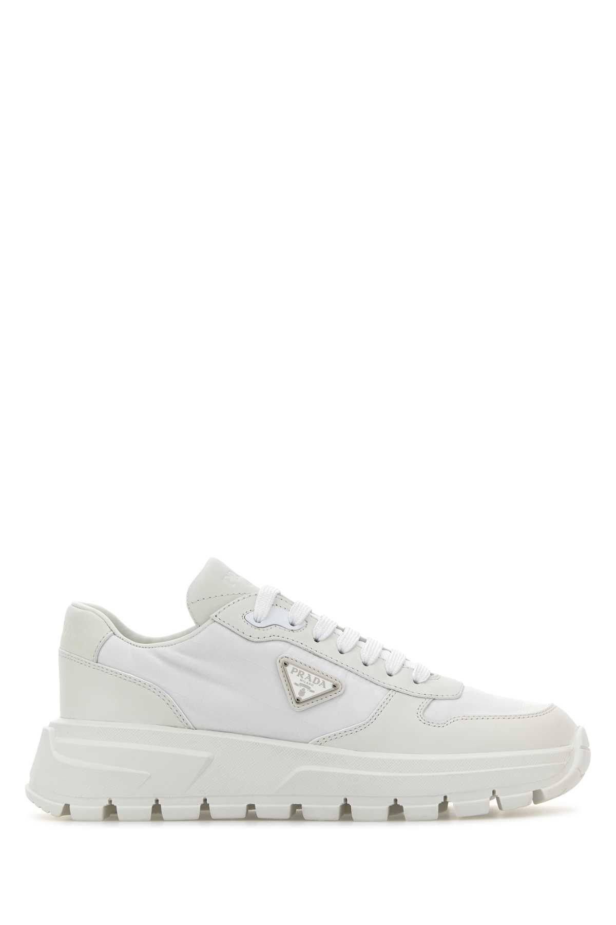 White Leather And Nylon Sneakers